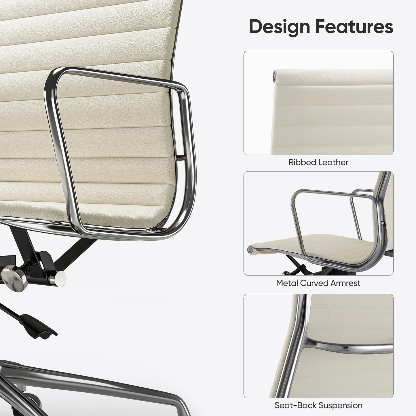 Ribbed Office Chair with Top Grain Leather - High Back Ergonomic Desk Chair with Aluminum Arms & Frame, Swivel Wheels & Tilt Function, Adjustable Height