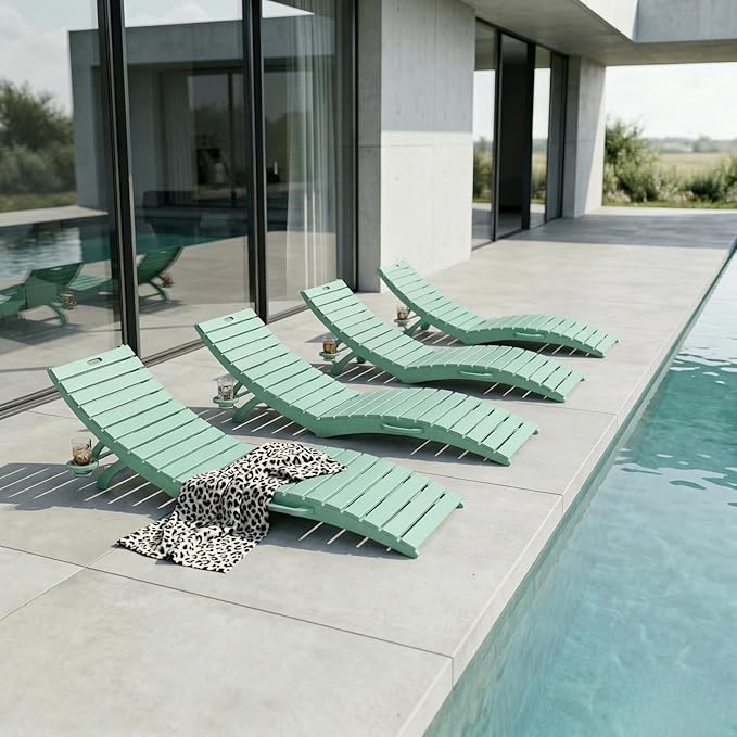 Folding HDPE Pool Lounge Chairs Set of 4, Pre-Assembled Outdoor Chaise Lounge