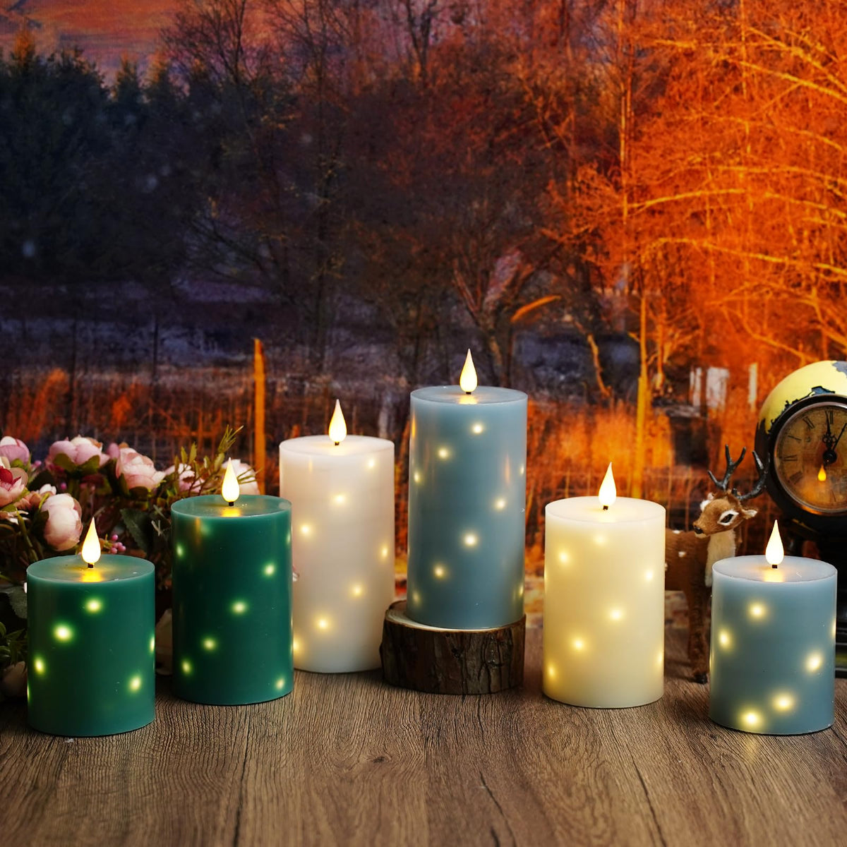 JINYANIA Flameless Candles with Embedded Star String, Real Wax Battery Operated Candles with Remote Timer, Flickering Pillar LED Candle Set for Home Decor Romantic Ambiance （Ivory）