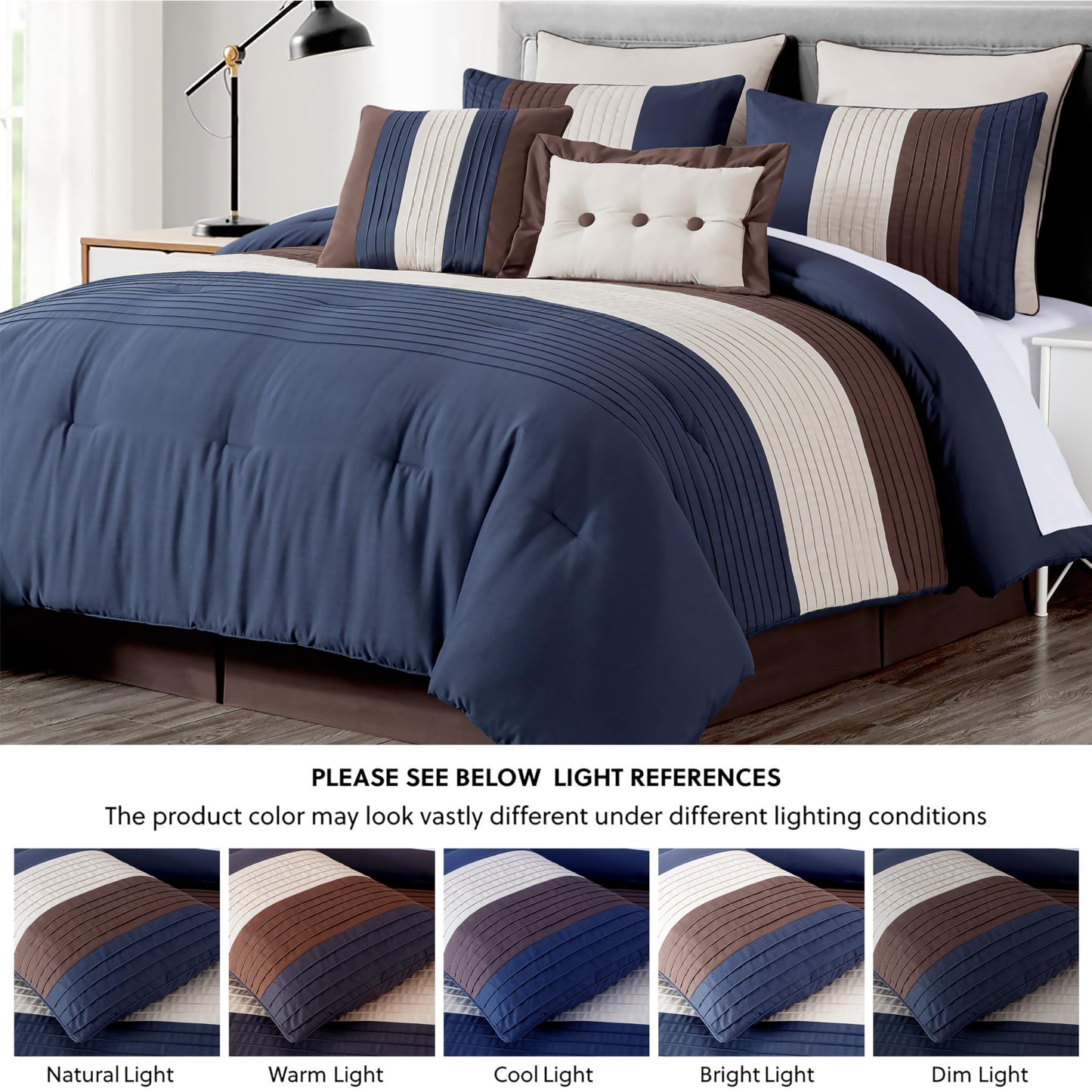 Chezmoi Collection Loft 8-Piece Oversized King Comforter Set, Midnight Blue/Brown/Coffee Cream Luxury Striped Bedding for All Season