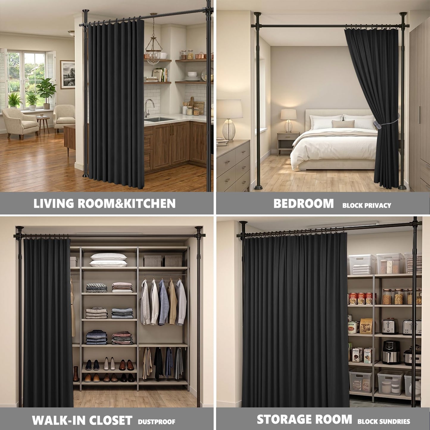 GONNRLY Room Divider Curtains, No Drill Privacy Curtain Set with Retractable Rod, Tool-Free Blackout Room Divider for Bedroom Black-100 W x 84" L(Pack of 1)