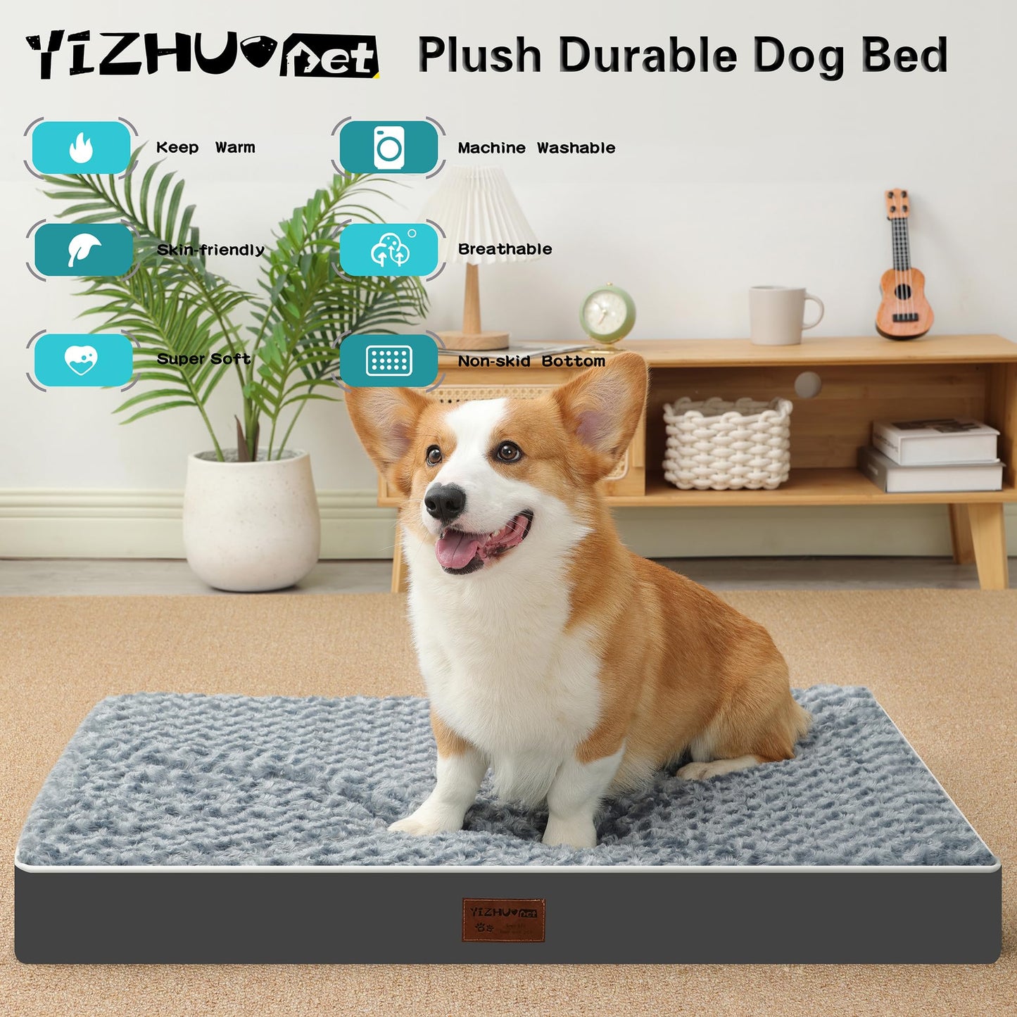 YIZHUOPET Orthopedic Rose Plush Cover Dog Bed,Small M Sized Dog 30''X20''x3'' Soft Waterproof Egg Foam Pet Crate Beds Mat or Kennel Pads with Removable Washable Cover,Non-Slip Bottom,Grey