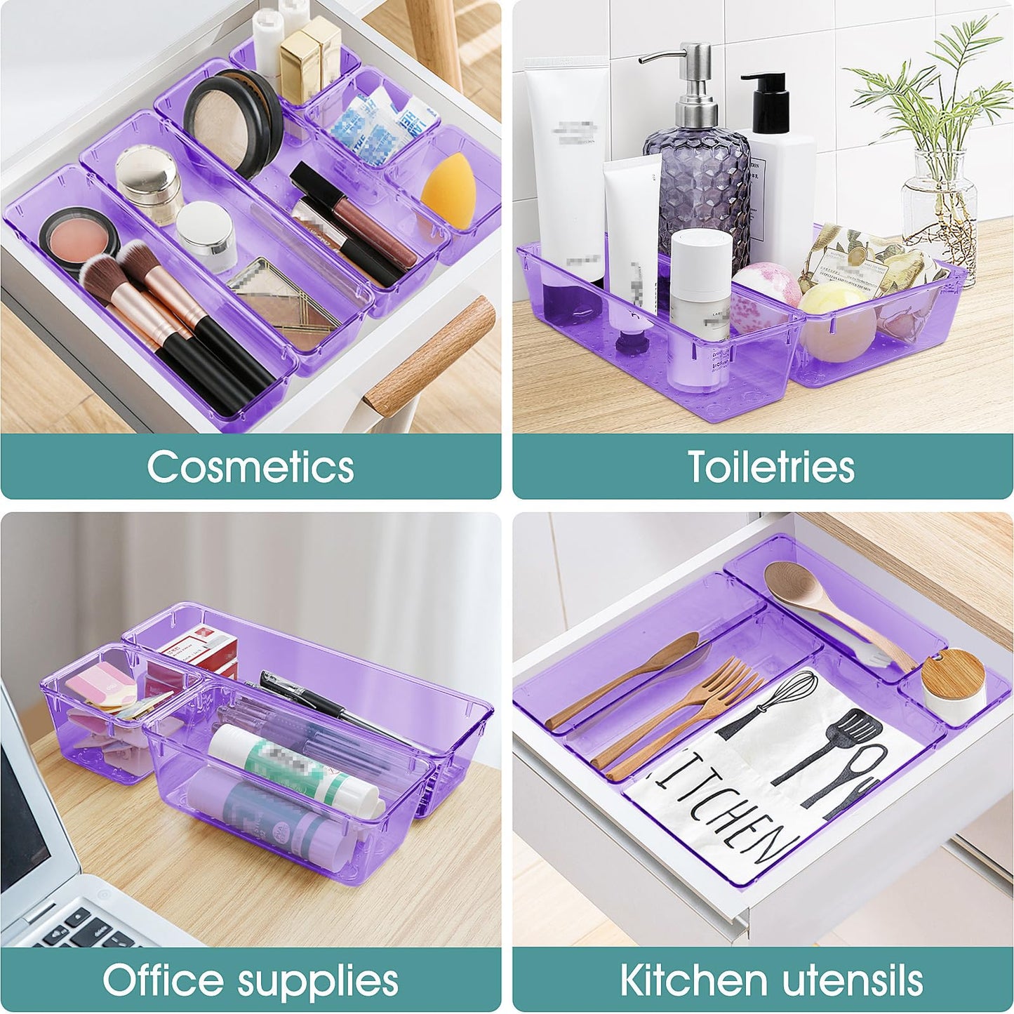 WOWBOX 25 PCS Plastic Drawer Organizer Set, Desk Drawer Divider Organizers and Storage Bins for Makeup, Jewelry, Gadgets for Kitchen, Bedroom, Bathroom, Office, Clear Purple