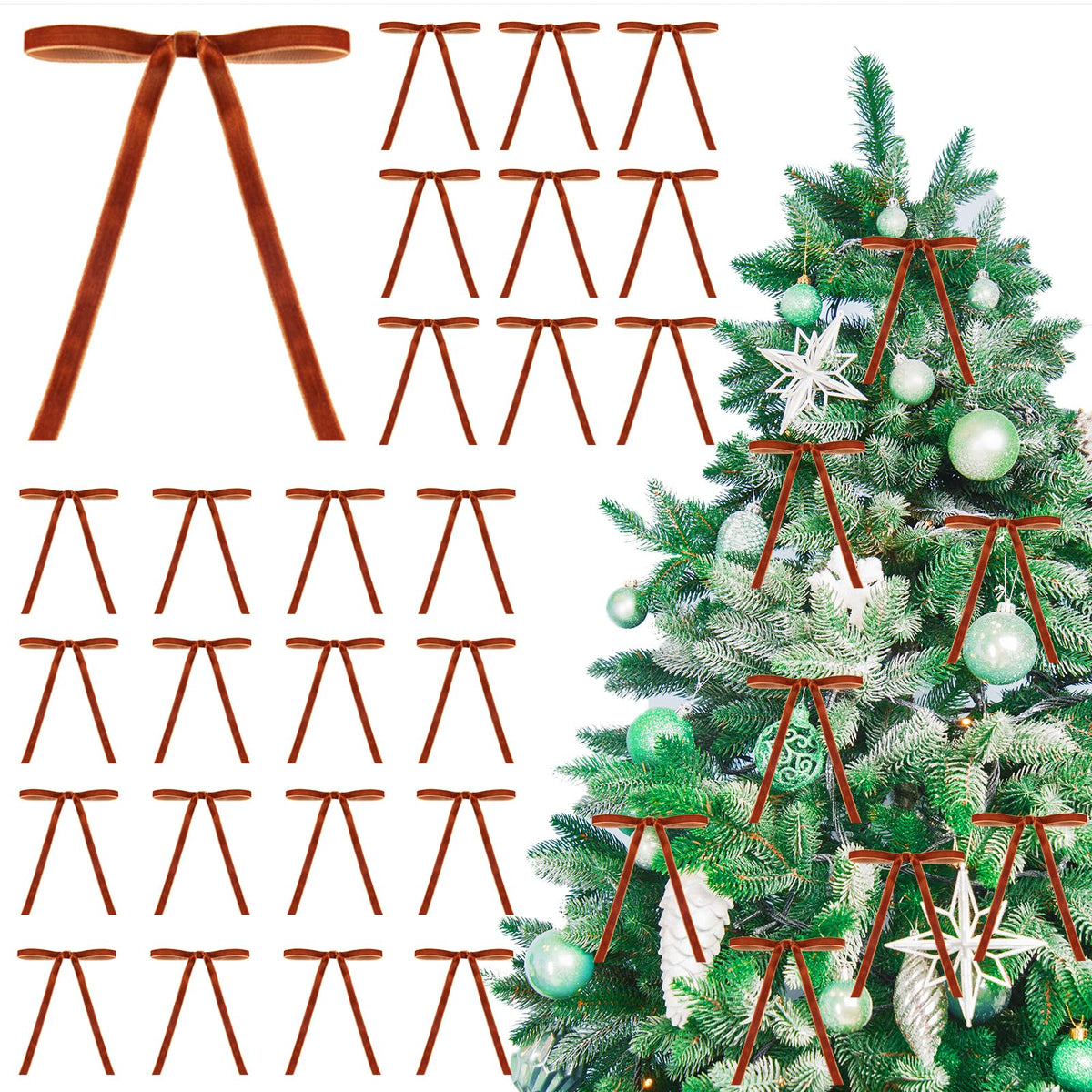 26 Pcs Velvet Christmas Tree Bows Ornaments, 5x7 Inch, 3/8" Wide, Craft Ribbon Bows for Garland Wreath Indoor Outdoor Xmas Decorations, Camel
