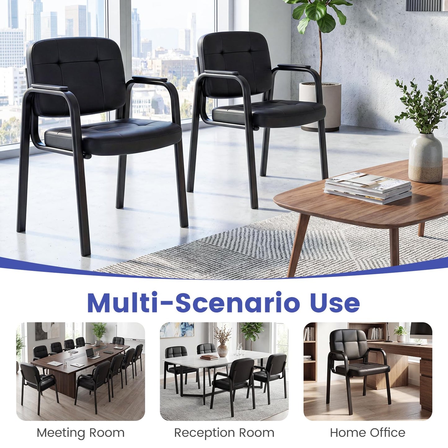 Giantex Waiting Room Guest Chairs Set of 2, Leather Office Reception Chairs with Padded Armrests, Metal Frame, Stationary Side Chairs No Wheels for Conference Meeting Lobby Home, Black