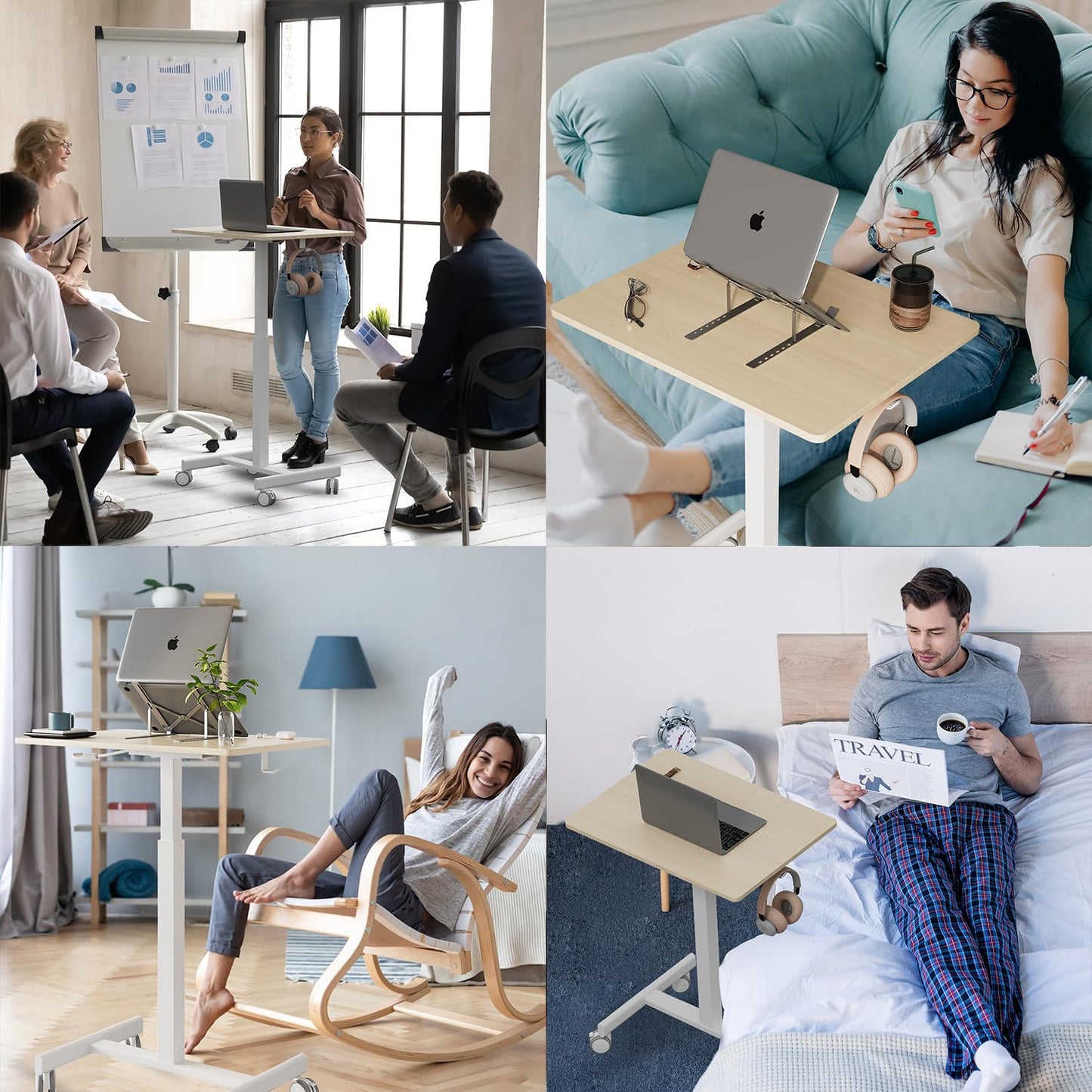 Gamork 18.9*25.6 inch Mobile Standing Desk,T Shaped Pneumatic Adjustable Height Stand Up Desk,with Lockable Wheels,Ergonomic Standing Side Table for Home Office Work Computer Workstation MAPLE+WHITE