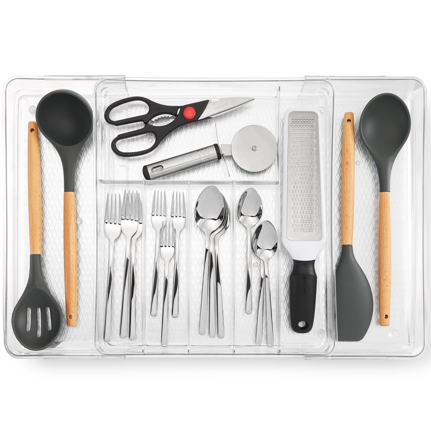 Masirs Expandable Utensil Drawer Organizer - BPA-Free Plastic Clear Silverware Tray with Multiple Compartments - Non-Slip Cutlery Storage for Kitchen, Bathroom, or Office Drawers (Clear)