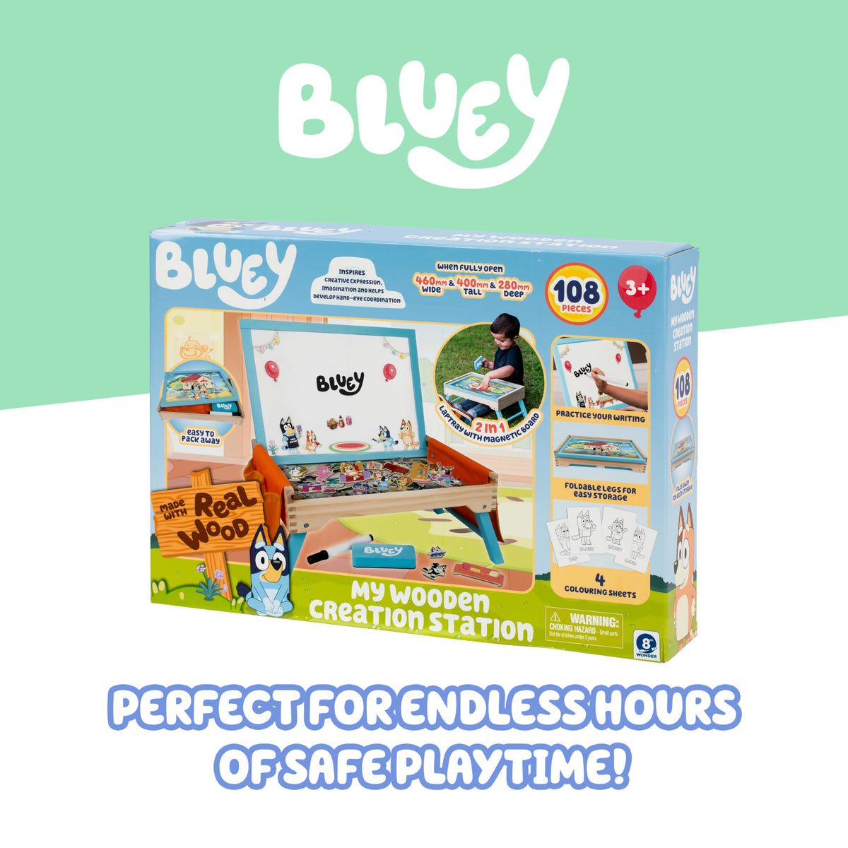 Bluey Art Creation Kids Art Station with 100 Magnets & Whiteboard Lid, Foldable Legs, Art Table for Kids, Storage Pockets