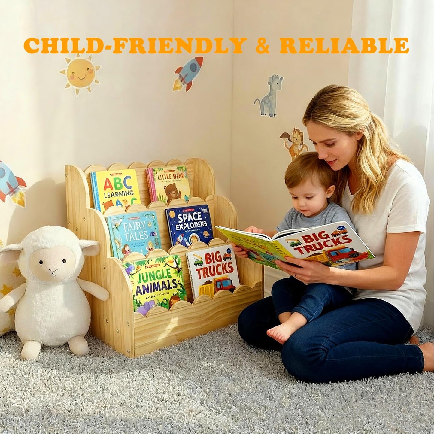 Livemy Scalloped Book Shelf for Kids, 3-Tier Wooden Bookshelf for Toddler, Durable Bookcase Book Organizer Display Furniture for Kids Rooms, Playroom, Nursery, Classroom (Natural, 16.5 * 16.5 * 11in)