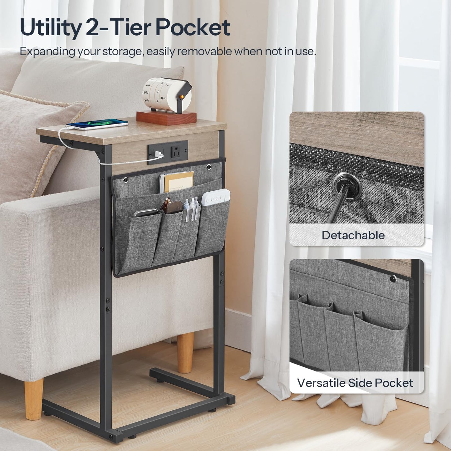 HOOBRO C Shaped End Table with Charging Station, 28" H Couch Side Table Slide Under, Sofa Arm Tray Table with Storage Bag for Living Room, Recliner, Greige BG70USF01