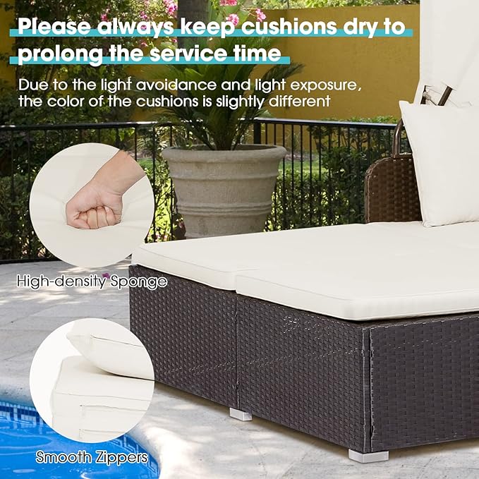 COSTWAY Outdoor Daybed with Retractable Canopy, Wicker Patio Furniture Set with