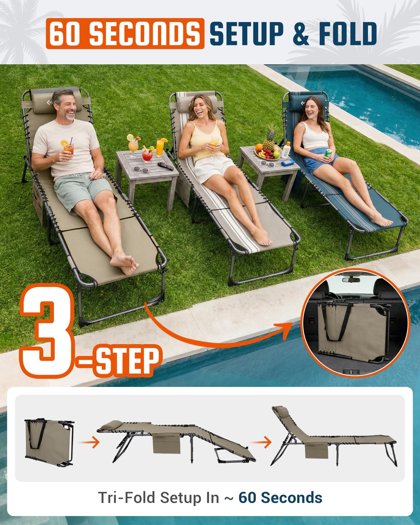 KingCamp Tanning Chair with Face Hole, Lounge Chairs Outdoor Folding Comfy Adjustable 5-Position Lay Flat Foldable Chaise Chaser Lounger for Outside Beach Patio Sun Bathing Pool, Beige