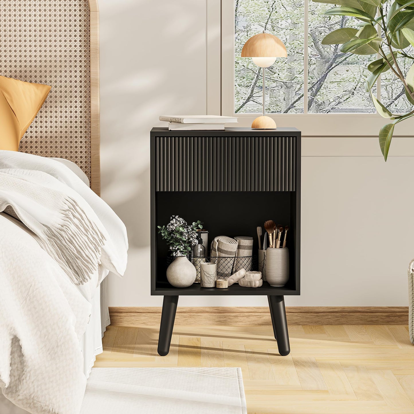 Nightstand, Modern Bedside Table with Storage Drawers and Open Wood Shelf, Night Stand with Solid Wood Legs, End Tables Side Tables for Living Room, Bedroom Black