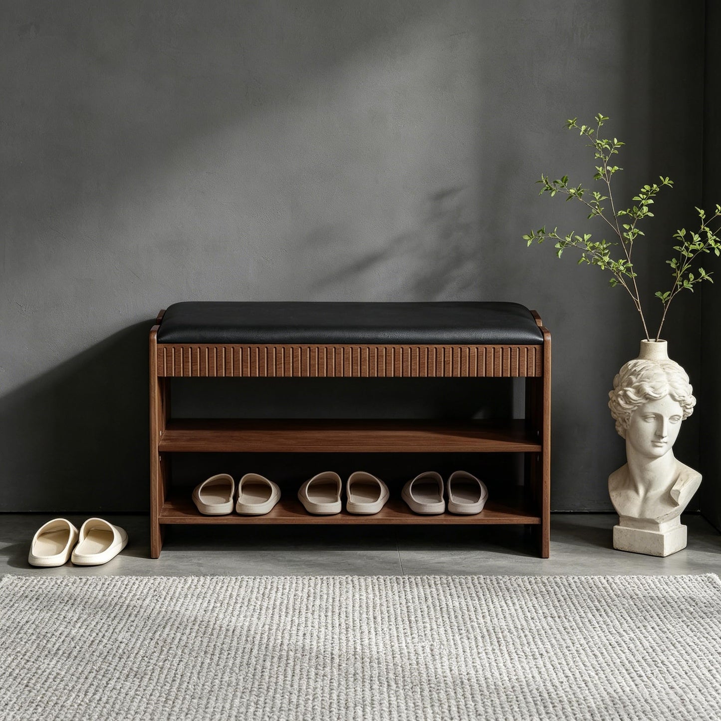 LUHIMI Shoe Bench with Cushion, Solid Wood 2 Tier Adjustable Storage Shoe Bench Rack for Entryway, Bedroom, Closet, Living Room, Hallway