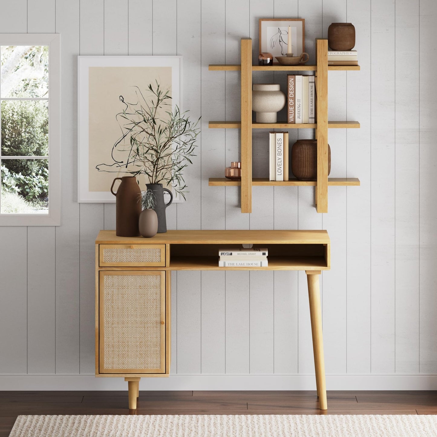 Nathan James Aaron Desk Wall Unit, Desk and Bookshelf Set, Boho Desk and Wall Mount Bookcase Set with Rattan Webbing, Warm Pine