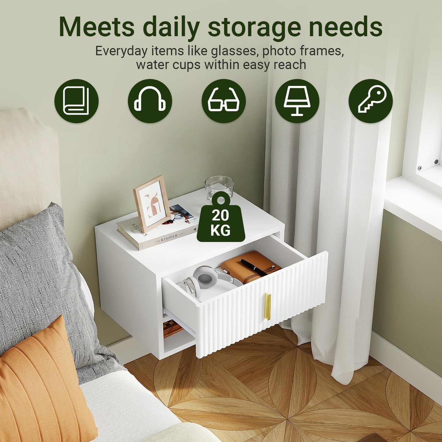 SoBuy Floating Nightstand with LED Sensor Light – Slim Wall Mounted Bedside Table with Drawer and Open Shelf, Modern Narrow White Nightstand for Small Bedrooms and Dorms, FBT176-E-W