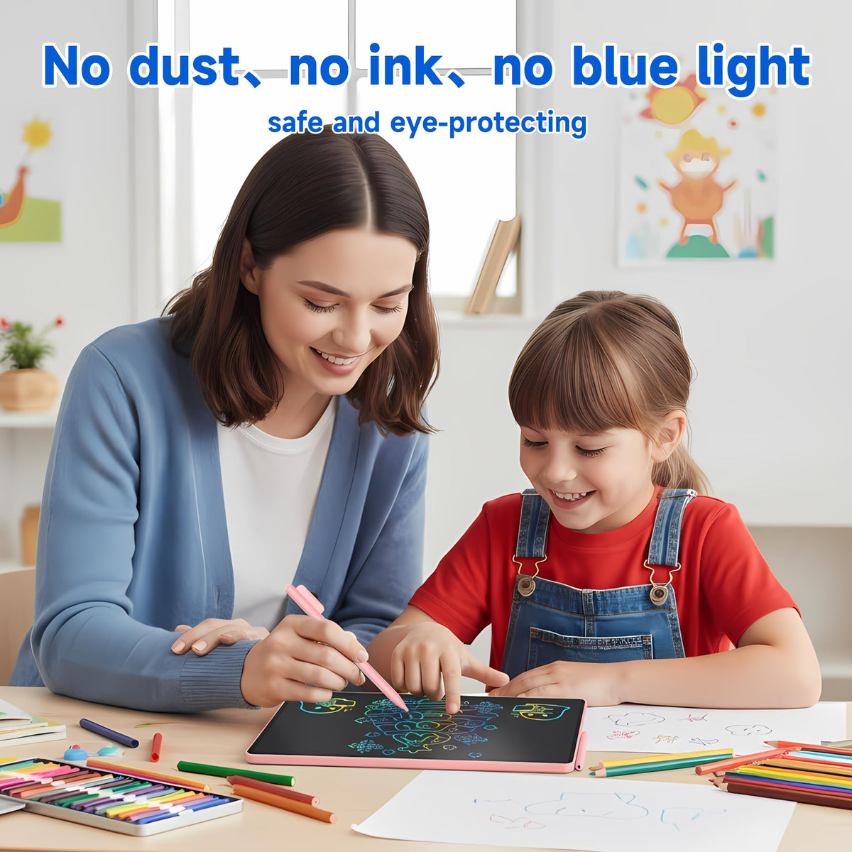 16 Inch LCD Writing Tablet for Kids 2 Pack, Large Drawing Board Doodle Pad, Colorful Screen Erasable Sketch Tablet, Travel Toys and Reusable Learning Gift for Boys Girls（Blue & Pink