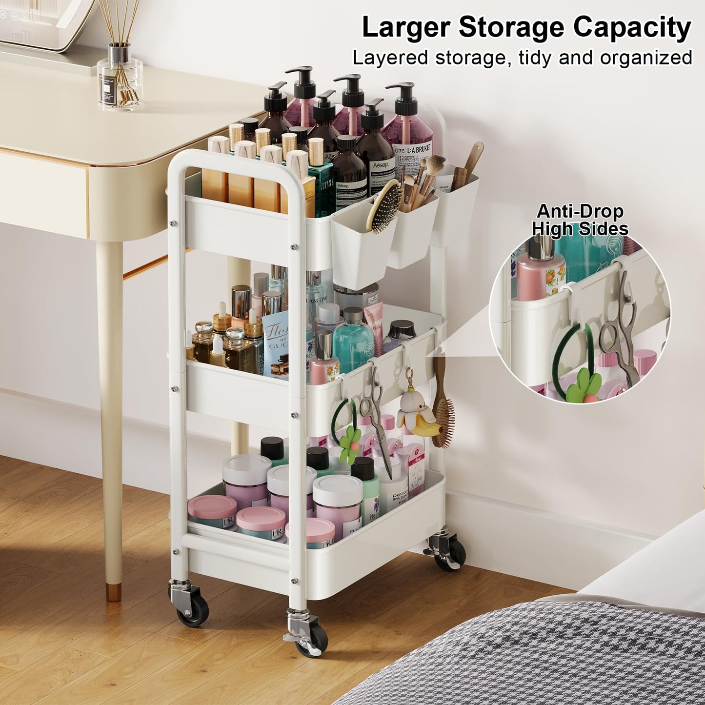 3 Tier Rolling Cart with Wheels, Metal Utility Storage Cart on Wheels, Craft Carts Organizer with Hanging Cups, Hooks, Three Tiered Rolling Carts for Bathroom, Laundry Room, Nursery, Office, White