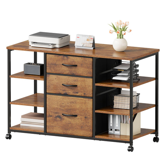 YeTom Mobile File Cabinet,Lateral Filing Cabinet with 3 Fabric Drawers,Rolling Printer Stand with 4 Open Storage Shelf for Home Office,Rustic Brown