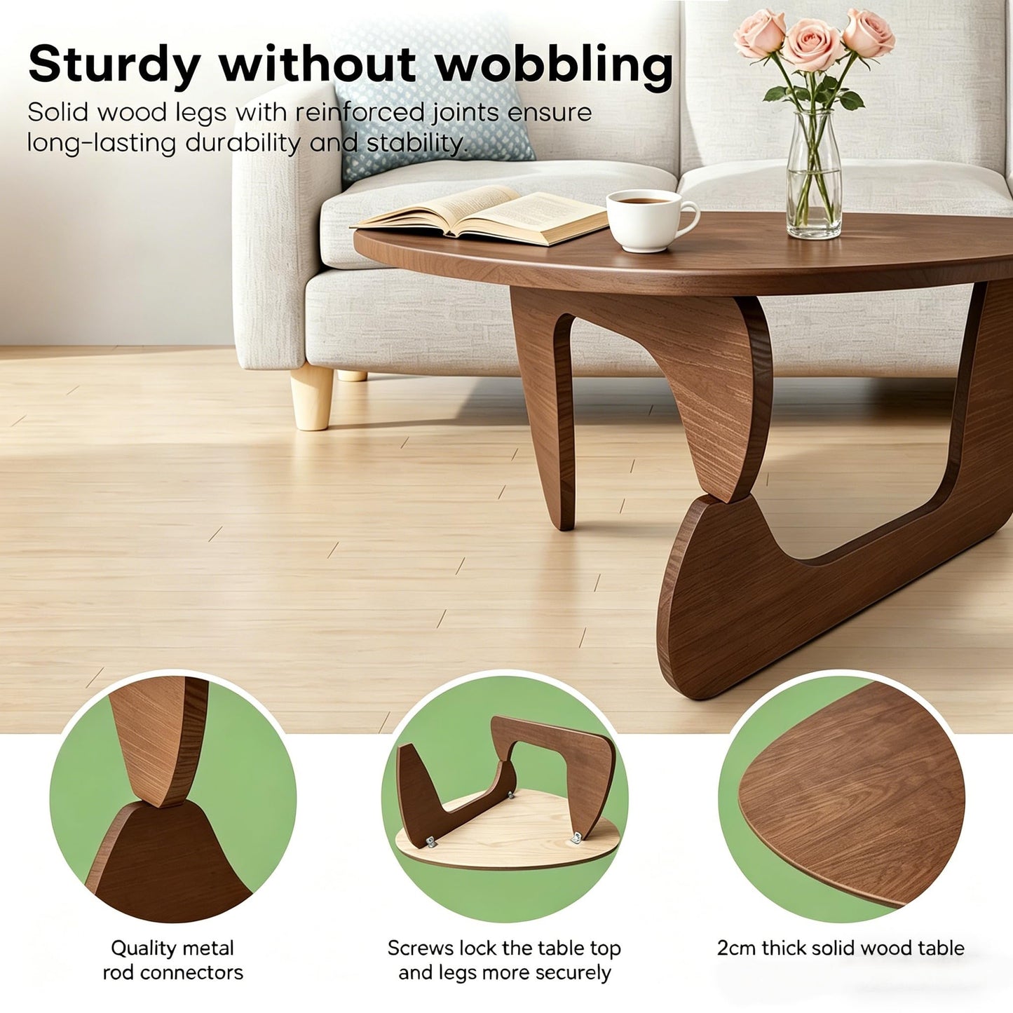 Solid Wood Coffee Table, Mid-Century Modern Triangle Center Table for Living Room, Triangular Wood Tea Table, Fingerprint-Free & Shatterproof, Walnut, 43.3" L x 30.7" W x 16.5" H