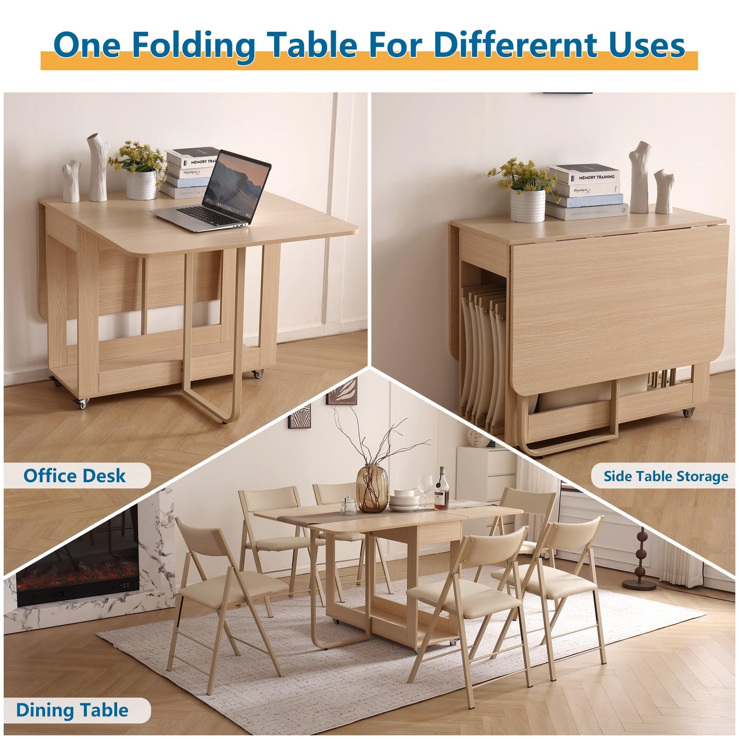 Folding Dining Room Table for 4/6 with 35.4" Extra Wide Space Saving Drop Leaf Table with Lockable Wheels & Storage, Heavy Duty Eco Solid Wood Top 300lb, Convertible Desk for Apartments/RV/Home Office