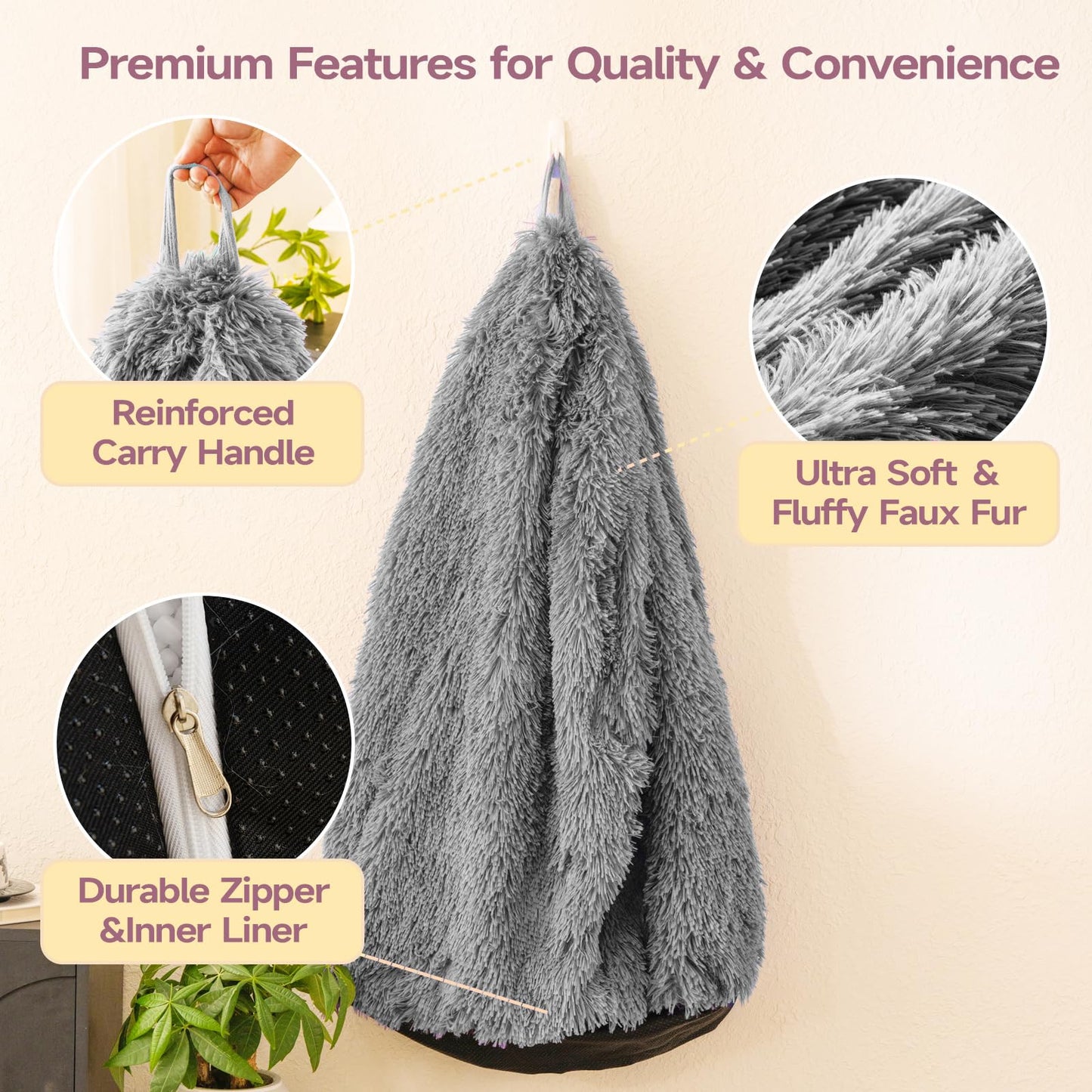 Dark Gray faux fur bean bag chair covers (No Filler), comfy Plush Dark Gray bean bag chair Cover for bedroom, stuffed animal Storage, kids adults teens girls bean bag chairs, Anti-Slip
