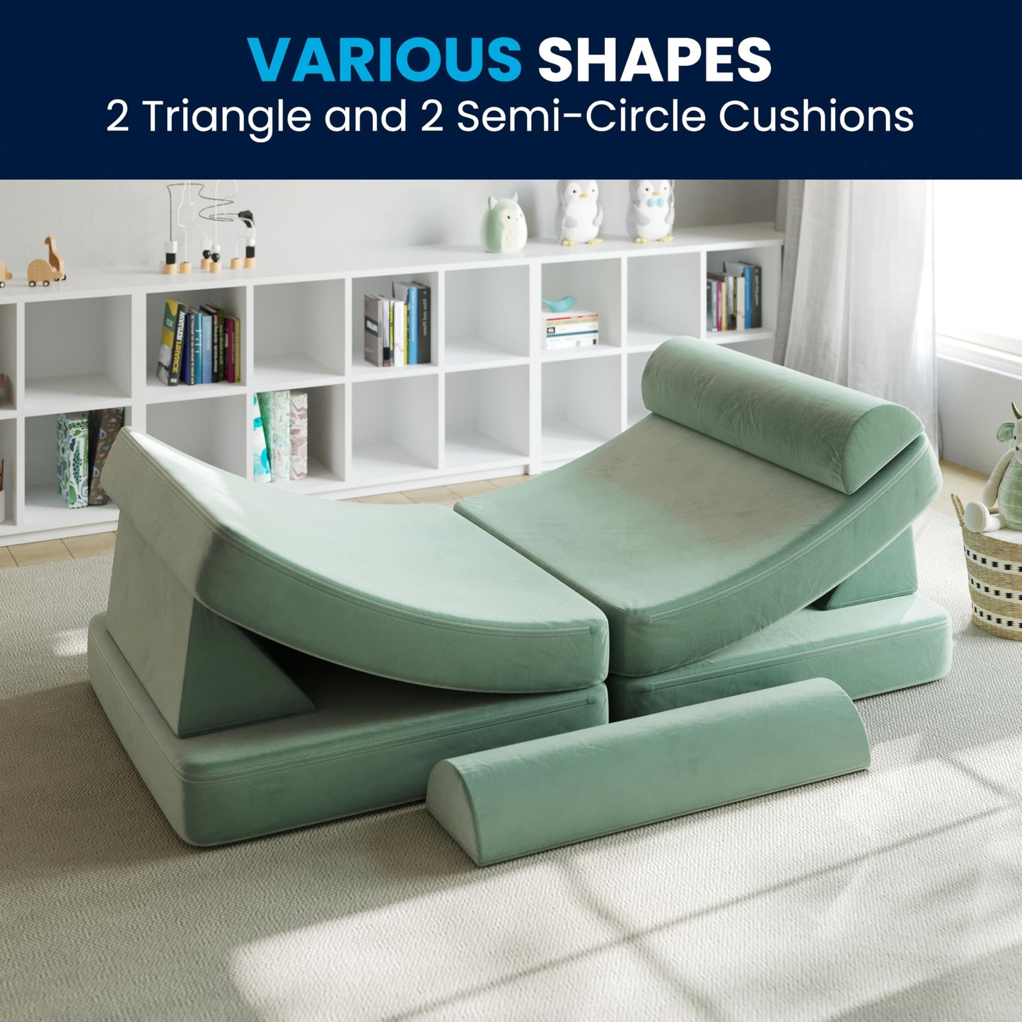 Flash Furniture Marlowe Modular Foam Kids Play Couch, 6 Soft Sectional Sofa Pieces, Convertible Kids Couch, Removable Covers, 56", Sage
