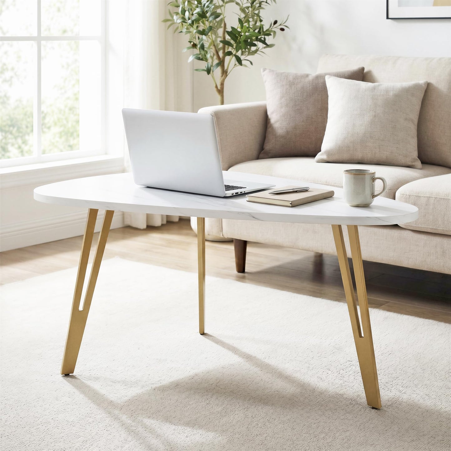 MWOOD Triangle Coffee Table, 33.5″‌Mordern Center Table with Marble-Patterned Top&Golden Leg Waterproof Dining Table for Living Room, Apartment(White&Gold)