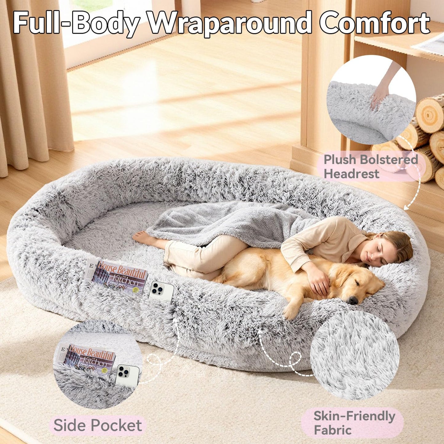 79"x44"x12.5" Human Dog Bed for Adult Faux Fur Washable Human Dog Bed Portable Handle, Egg Orthopedic Foam Human Bed Extra Large with Present Blanket Grey