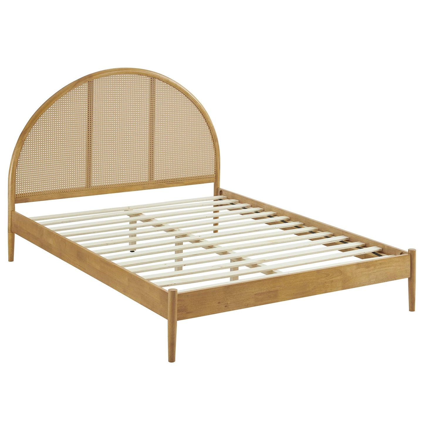 Modway Odette Arched Queen Platform Bed in Oak with Rattan Cane Headboard – Wooden Queen Half Moon Bed Frame – Mid-Century Modern Queen Size Platform Bed Frame