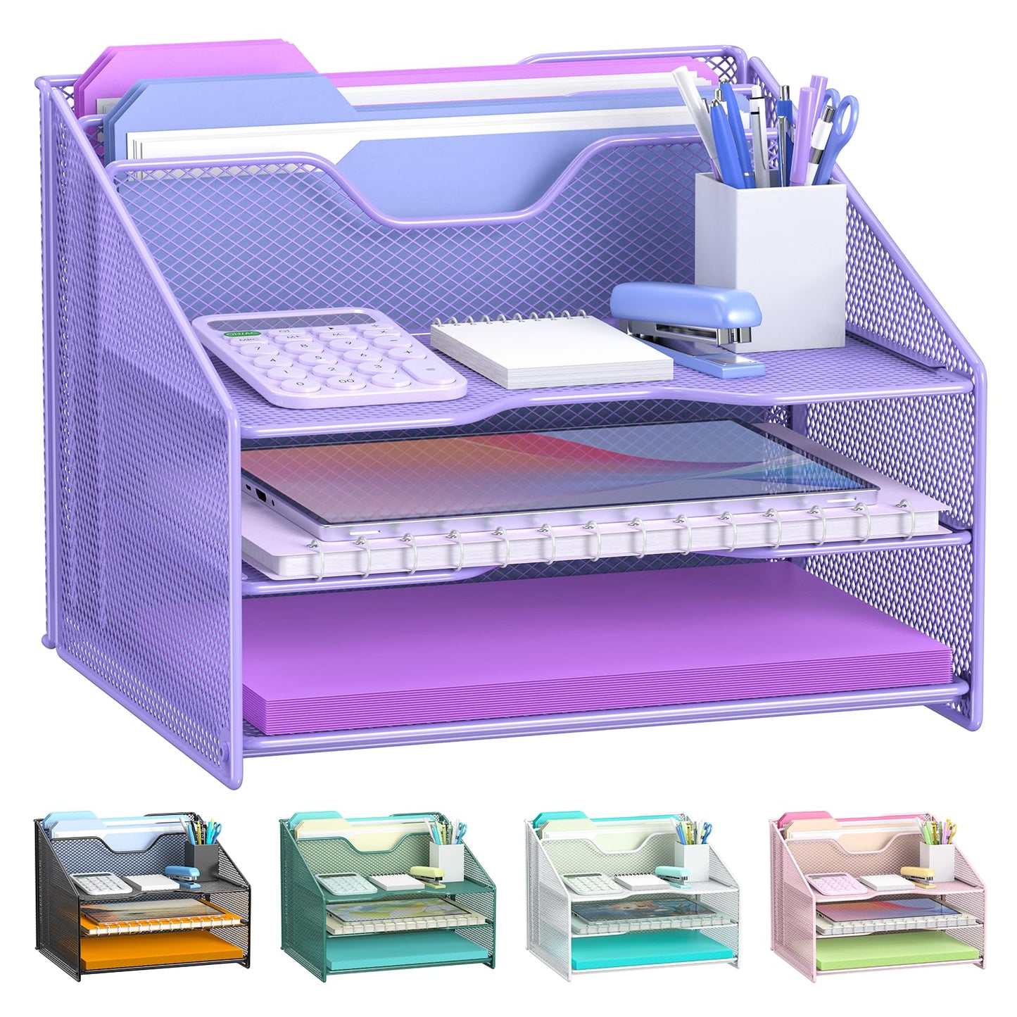 Samstar Purple Desk File Organizer, Mesh Letter File Folder Holder with 3 Paper Trays and 2 Vertical Upright Section, for Office Supplies, Desk Accessories & Workspace, Purple