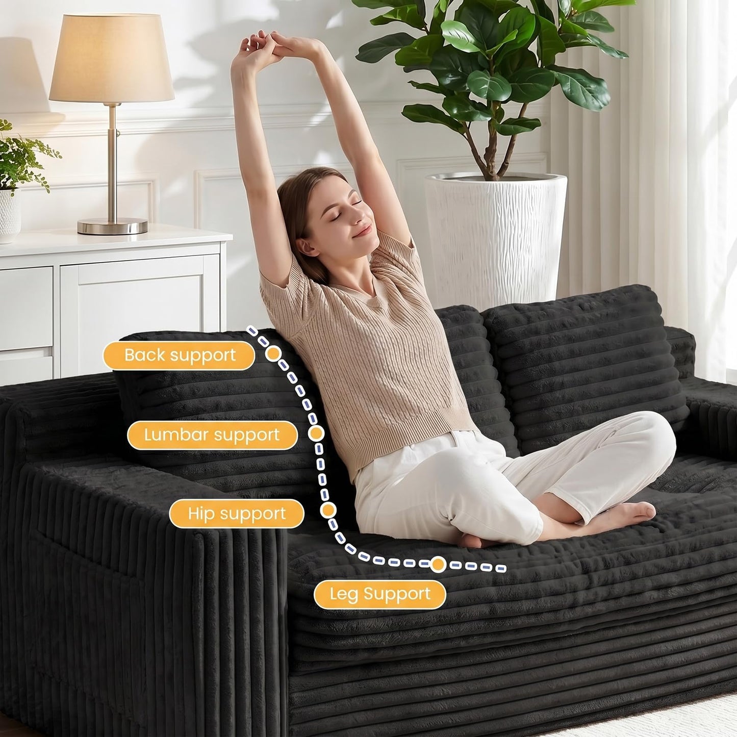 NLDD Boneless Couch, Cloud Loveseat Sofa Corduroy Couch in a Box, Upholstered Boneless 3 Seater Couch for Living Room Bedroom Office Apartment, No Assembly Required, Black
