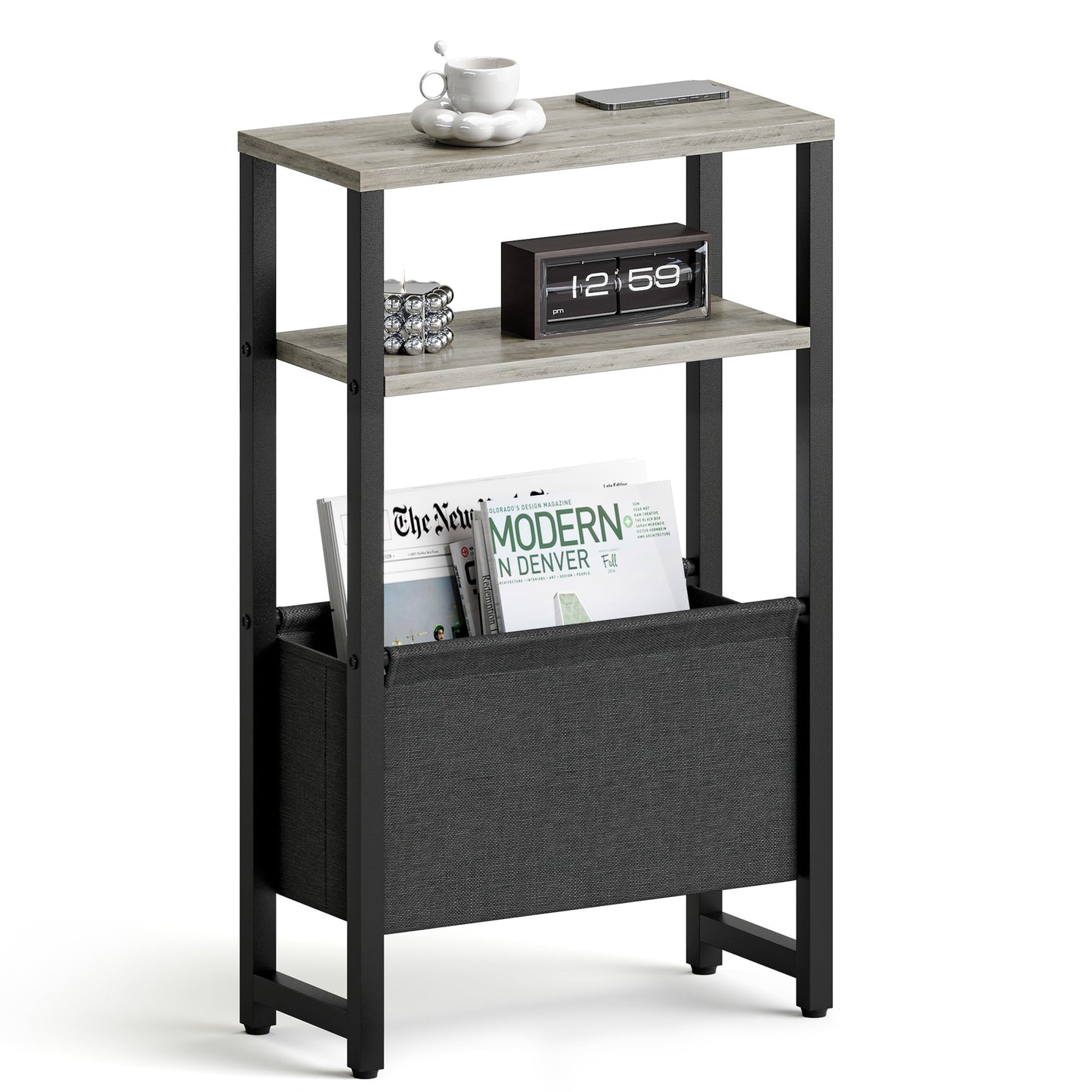 IRCPEN Narrow Side Table, Slim End Table with Magazine Rack, Skinny Bedside Table for Small Spaces, 3 Tier Sofa Couch Table Nightstand for Living Room, Bedroom,Oak Grey LET503Q
