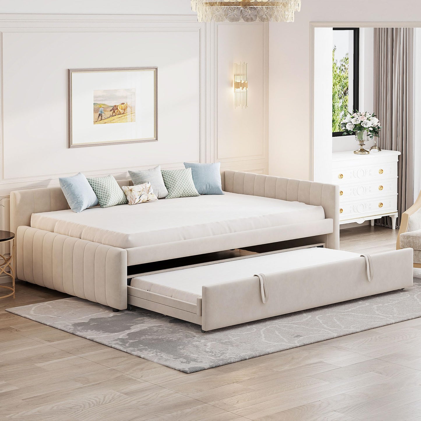 GDFStudio Full Size Upholstered L-Shaped Daybed with Pop Up Trundle, Vertical Stripe Design, Padded Backrest, No Box Spring Needed, Beige