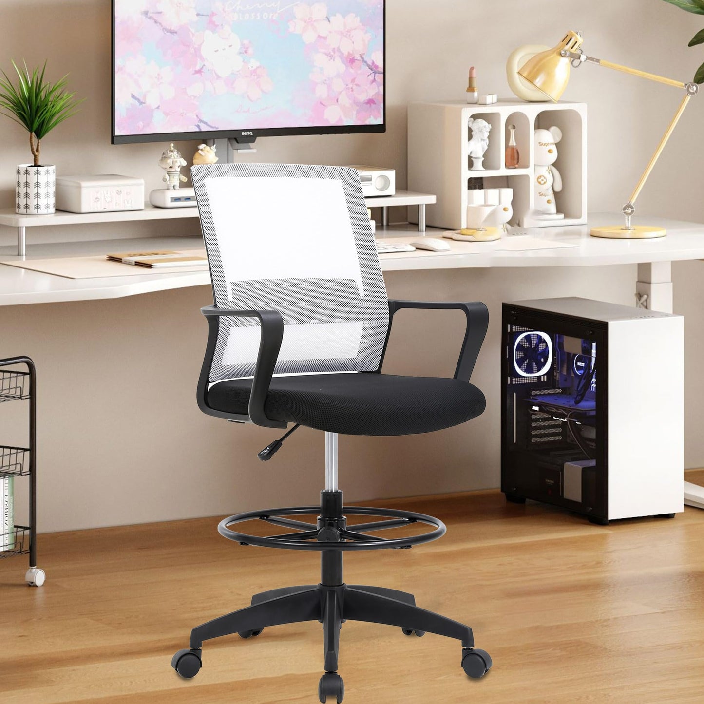 BestOffice Drafting Chair Tall Office Chair Adjustable Swivel Rolling Mesh Height with Lumbar Support Arms Footrest Mid Back for Adults Standing Desk Drafting Stool (Beige)