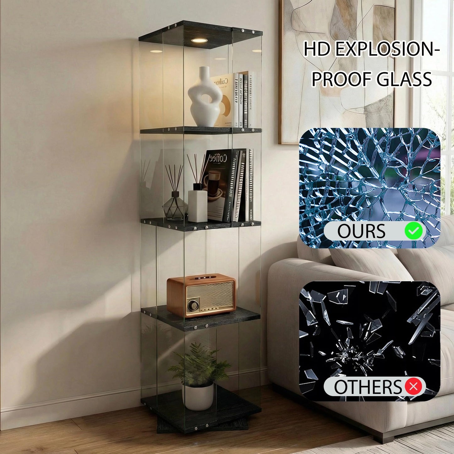 ZIHUASHENG 360° Rotating Glass Display Cabinet with LED Lights, Tempered Glass Curio Cabinet with Rotating Base, Modern Display Case for Collectibles, Figurines, Home Decor-Black