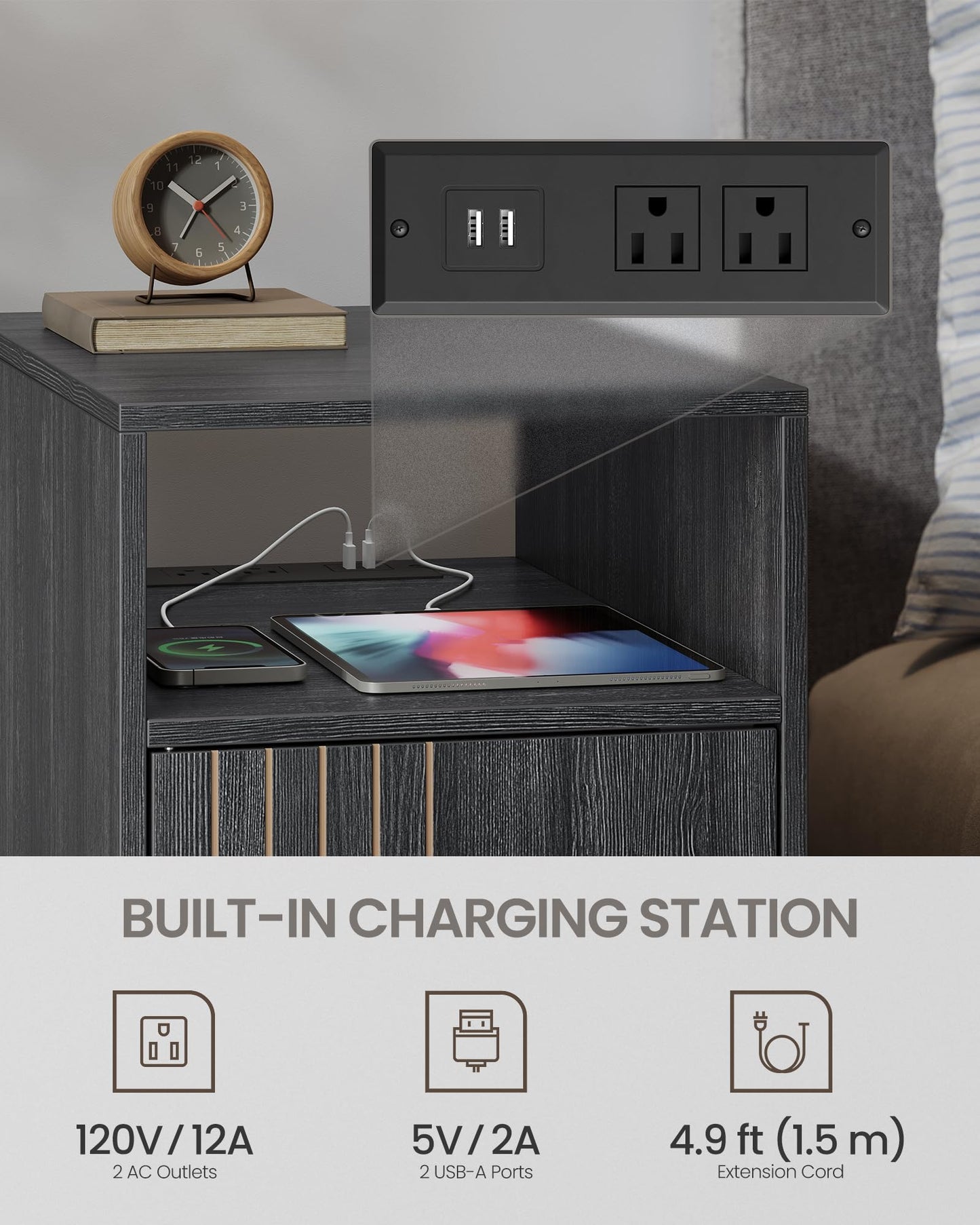 VASAGLE MAEZO Collection - End Table with Charging Station, Narrow Side Table, Nightstand with Tapered Legs, Curved Transitions, for Small Spaces, Living Room, Bedroom, Charcoal Gray ULET329B101S
