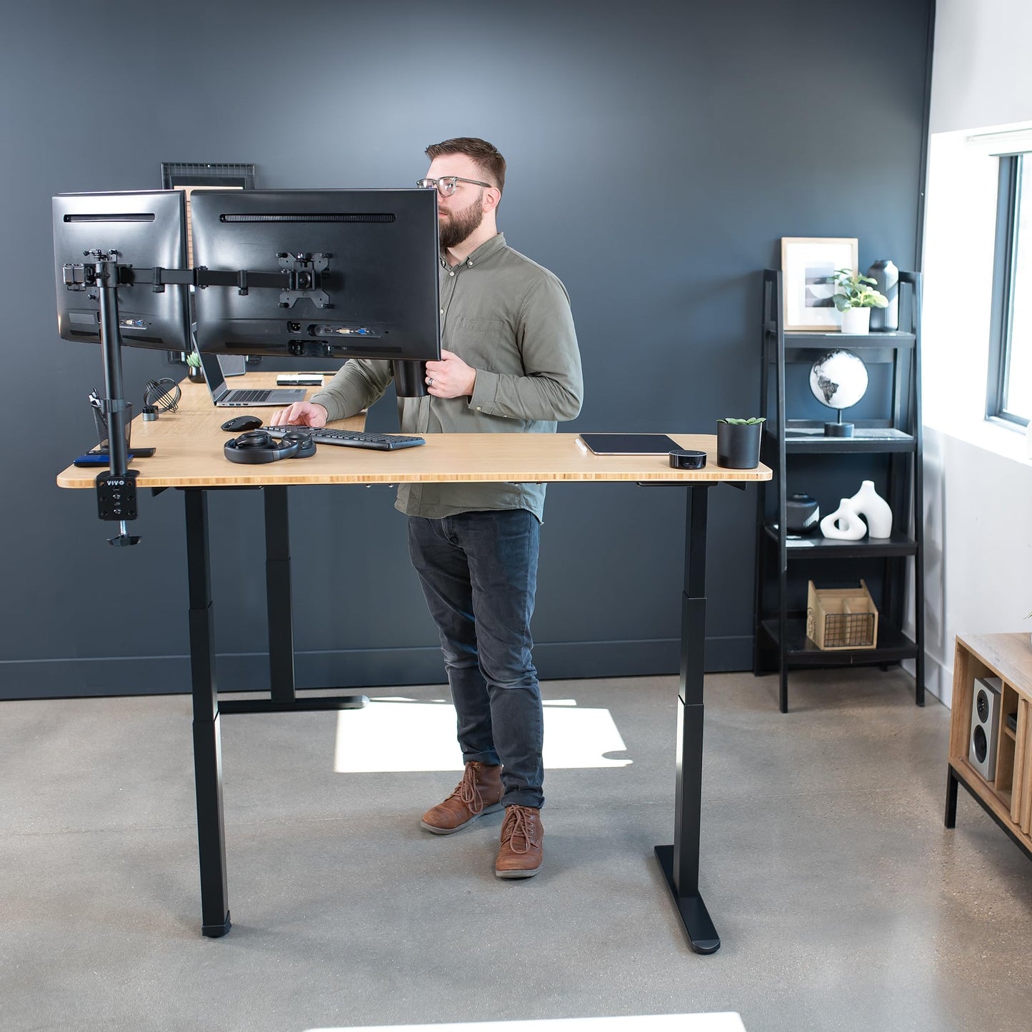 VIVO Electric Height Adjustable 83 x 60 inch Corner Stand Up Desk, 2 Solid Bamboo Table Tops, Black Frame, Memory Controller, L-Shaped Workstation, 3E Series, DESK-KIT-3E8BO