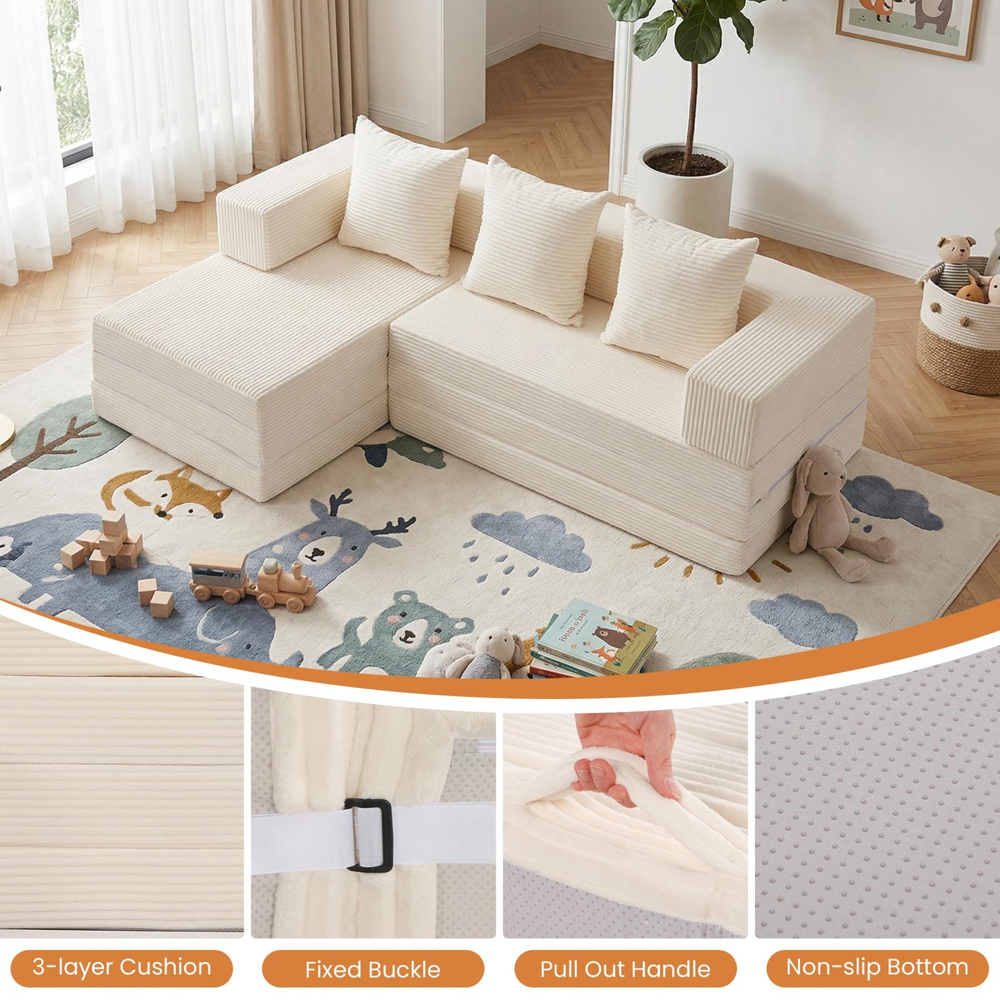 65" Boneless Couch,Convertible Sleeper Sofa Bed, Modular Sectional Sofa, Modern Tri-Folding Cloud Couch with L-Shape Chaise, Corduroy Futon Couches for Small Spaces Apartment,No Assembly