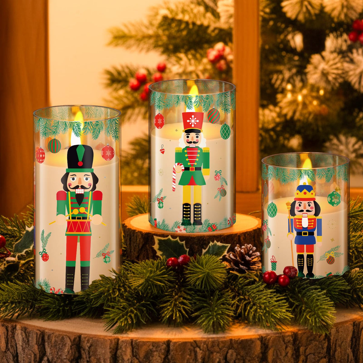 Blosssound 3 Pack Christmas Flameless Candles Battery Operated Xmas Nutcrackers Flameless Flickering Candles LED for Home Fireplace Winter Holiday Table Decorations Christmas Gifts