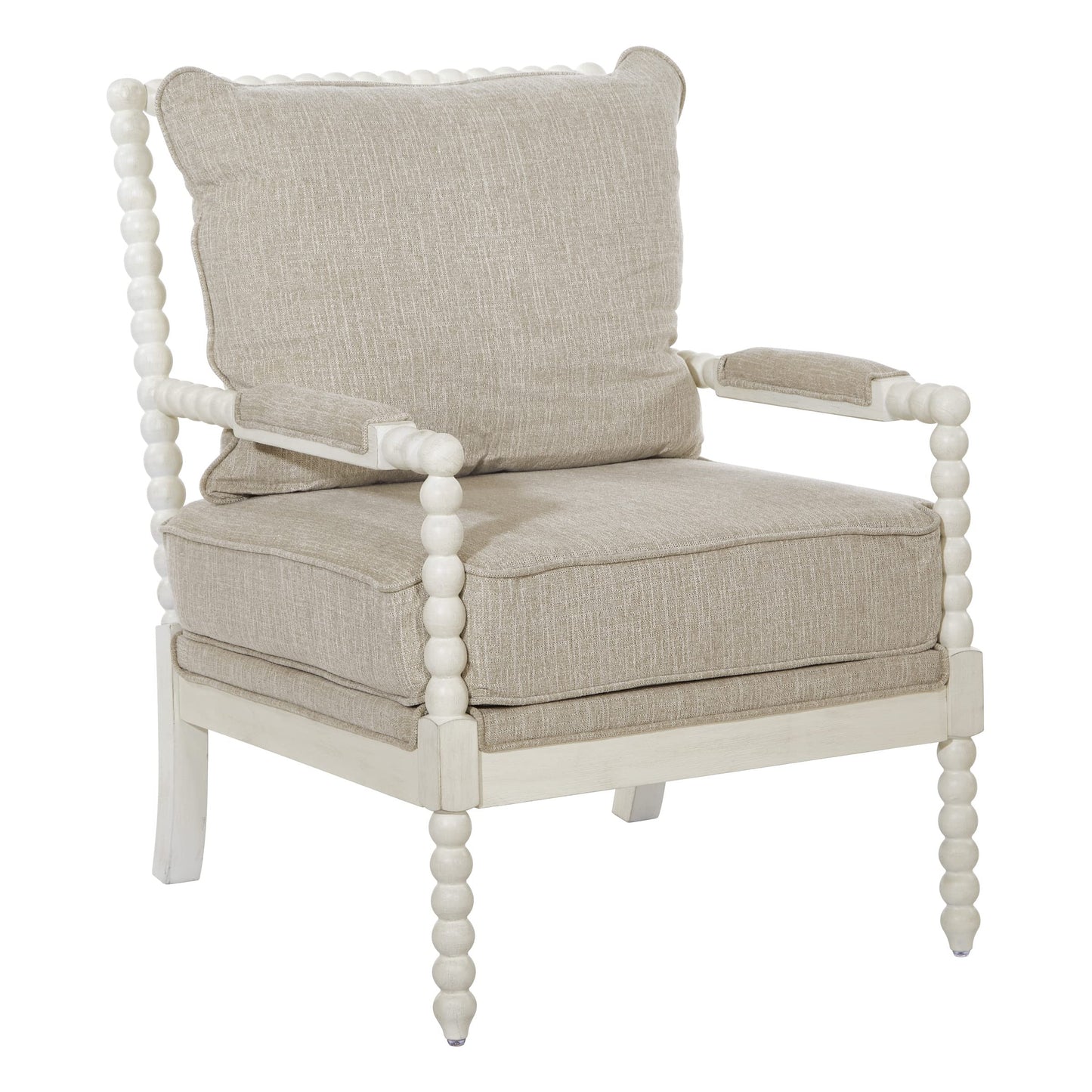 OSP Home Furnishings Kaylee Spindle Accent Chair with Antique White Wood Frame, Beige Linen Fabric