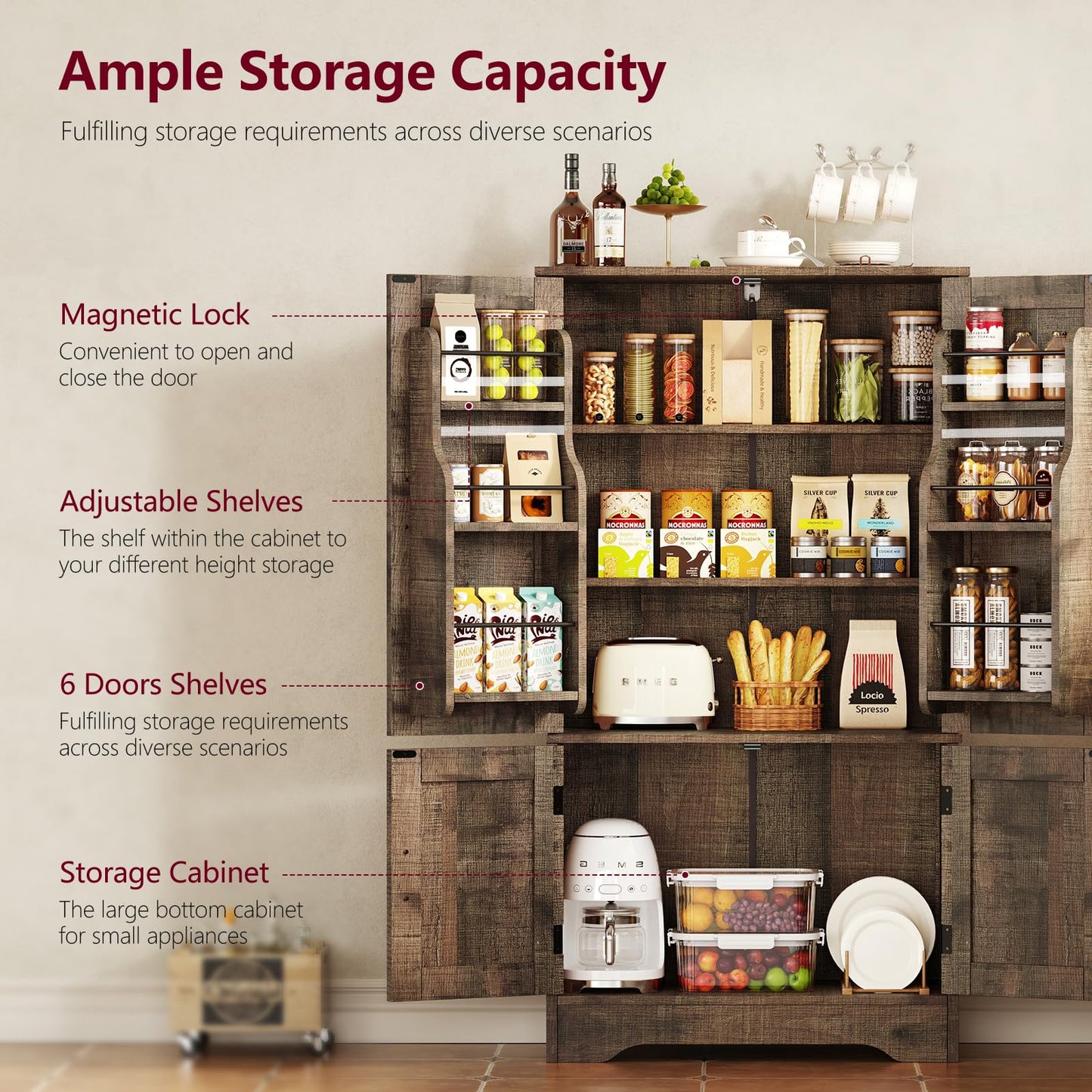 TEENFON Storage Cabinet with 4 Doors, 43.3" H Farmhouse Kitchen Cabinet with 6 Door Shelves, Kitchen Storage Cabinets with Adjustable Shelves, for Living Room, Antique Oak