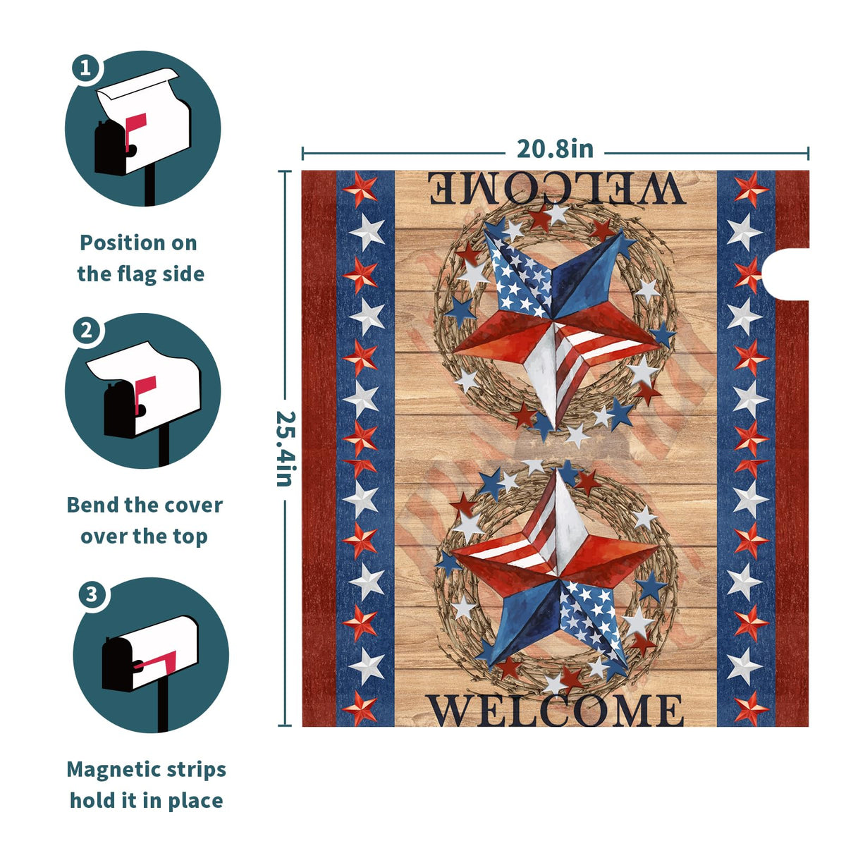 4th of July Patriotic Star Magnetic Mailbox Cover - Large Size 25.5"x21" American Flag Design for Memorial Day - Red White Blue Decorative Letter Box Wrap for Outside
