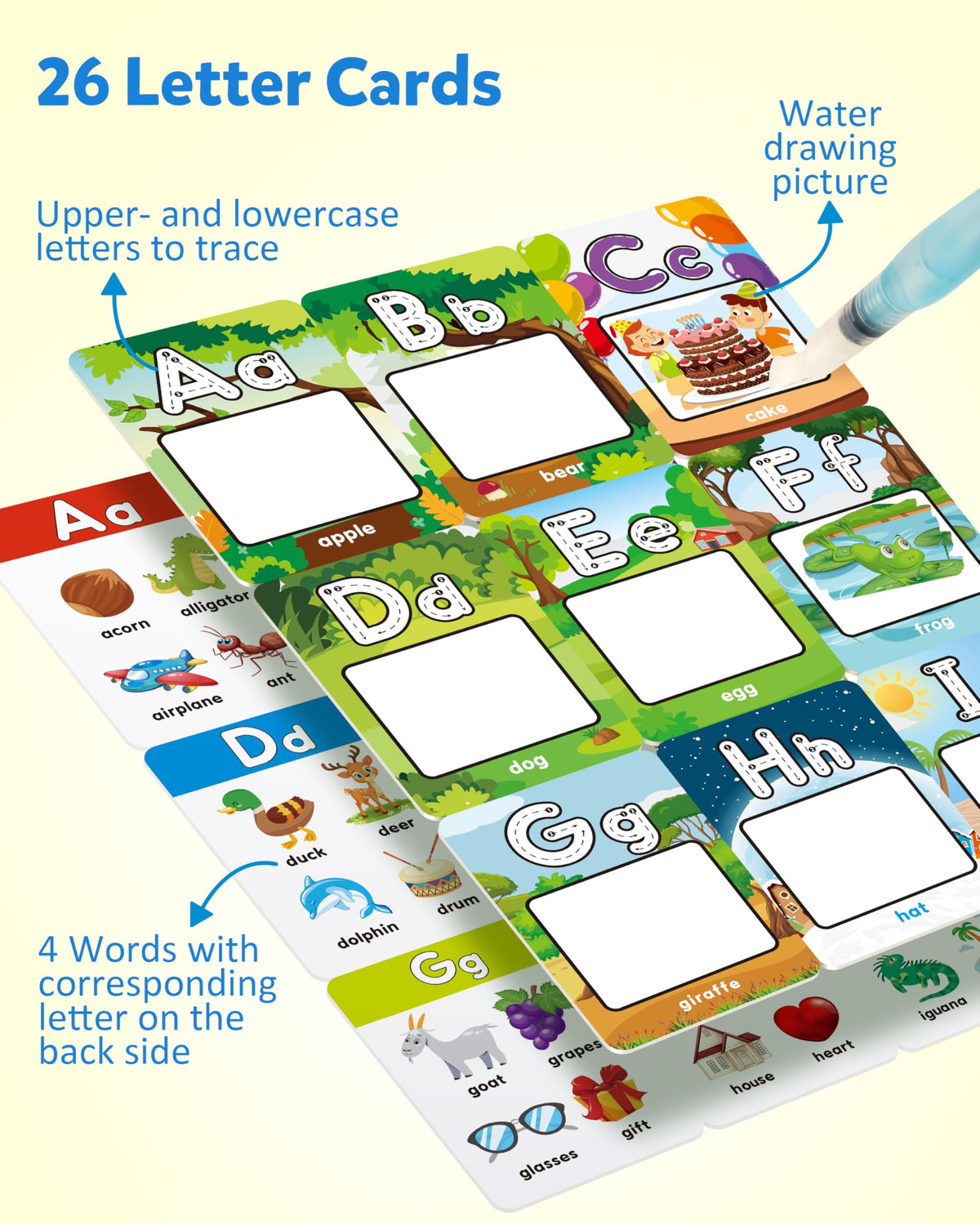 Coogam Water Coloring Alphabet Cards, Aqua Painting Water Drawing 26 Letters ABC Words, Montessori Educational Learning Toy Gift for 3 4 5 Year Old Kids