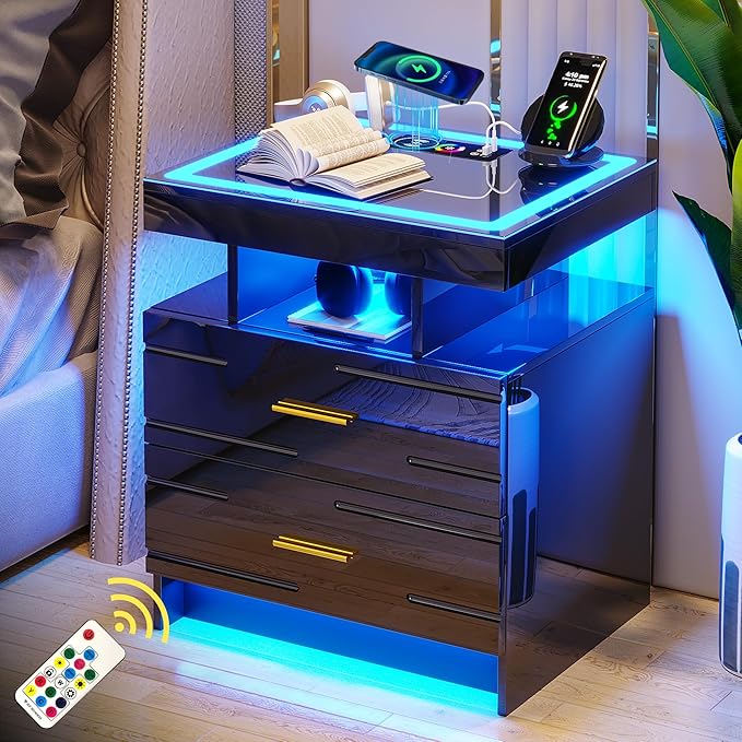 WOOVIVS Nightstand with 24 Colorful Lighst, LED Night Stand with
