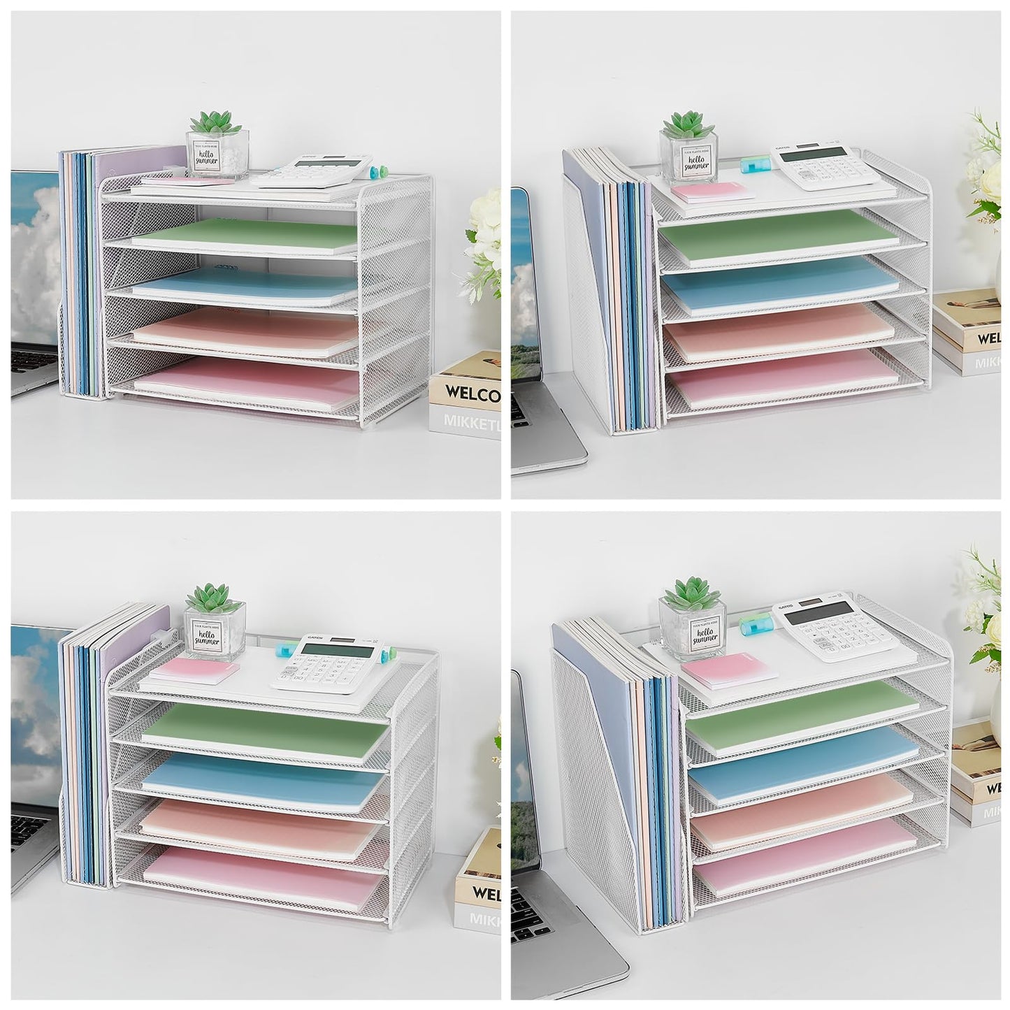 OPNICE Desk Organizer, 5-Tier Paper Organizer Letter Tray with Magazine Holder, Office Desk Accessories & Workspace Organizers, Desktop File Organizer for Office Supplies Storage, White