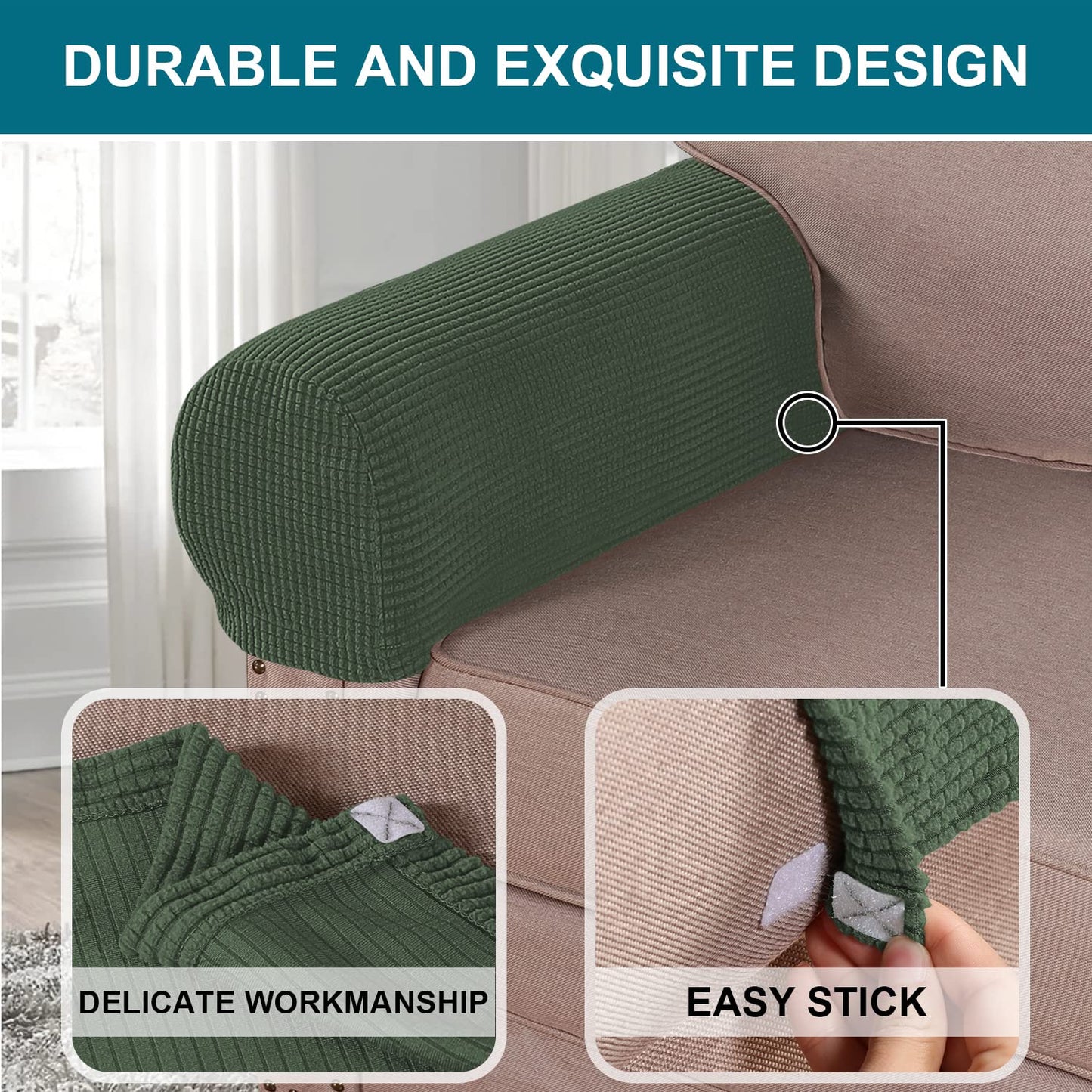 Turquoize Stretch Armrest Covers for Chairs and Sofas Couch Arm Covers for Sofa Spandex Jacquard Armrest Cover Anti-Slip Furniture Protector Armchair Slipcovers for Recliner Set of 2, Bronze Green