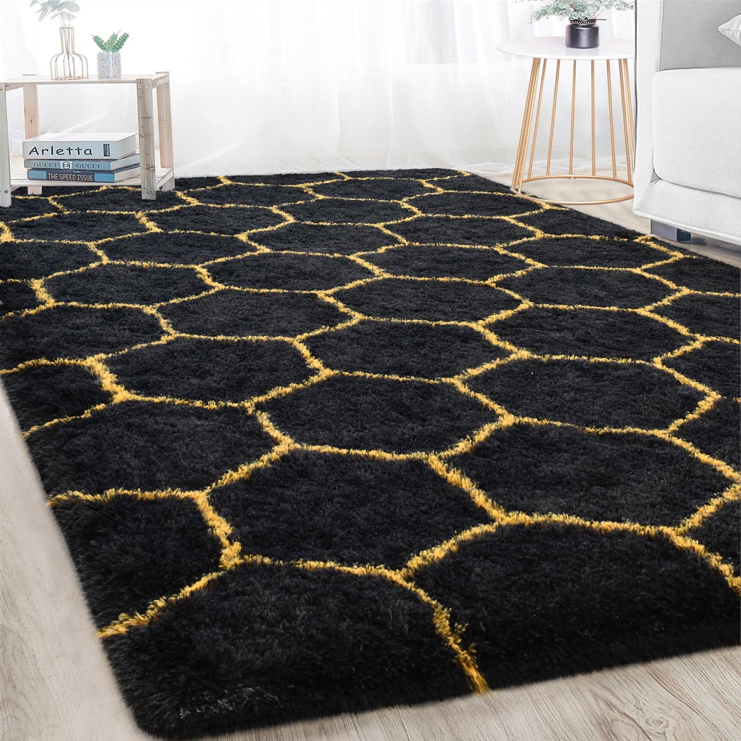 Meralax Hexagon Gold/Black Rugs for Living Room Bedroom, 4x6 Soft Area Rug Fluffy Shaggy Bedside Rug, Machine Washable Indoor Floor Carpet for Kids Boys, Dorms, Nursery Rooms, Home Decor Aesthetic