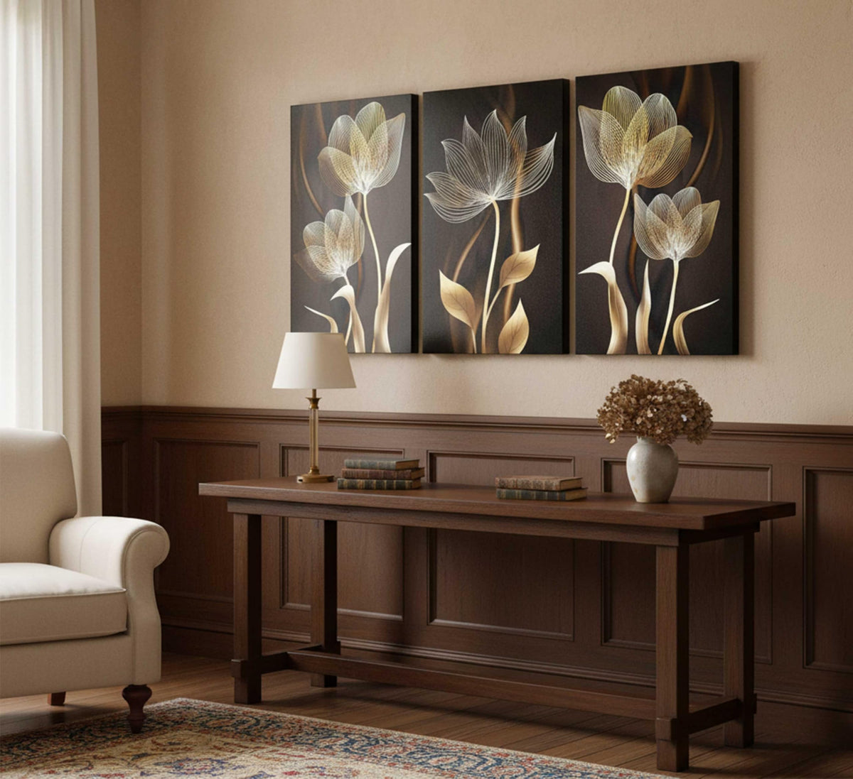 3 Pieces Modern Abstract Brown Flowers Canvas Wall Art Minimalism Black and Gold Floral Painting Pictures Luxury Wall Decor Posters Print Artwork for living room Office Bedroom Home Decoration