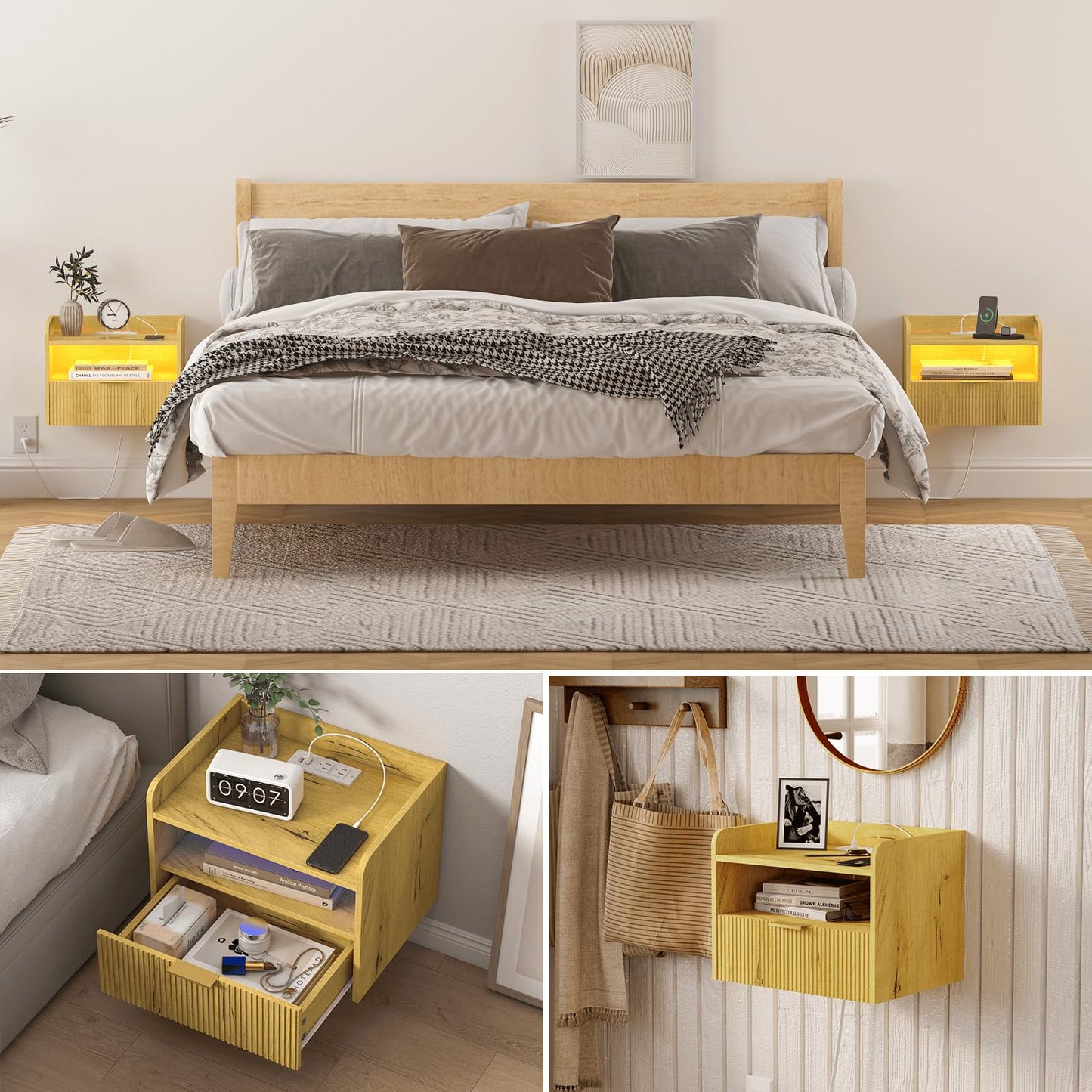 Veegle Floating Nightstand with Charging Station and LED Lights (Yellow Oak)